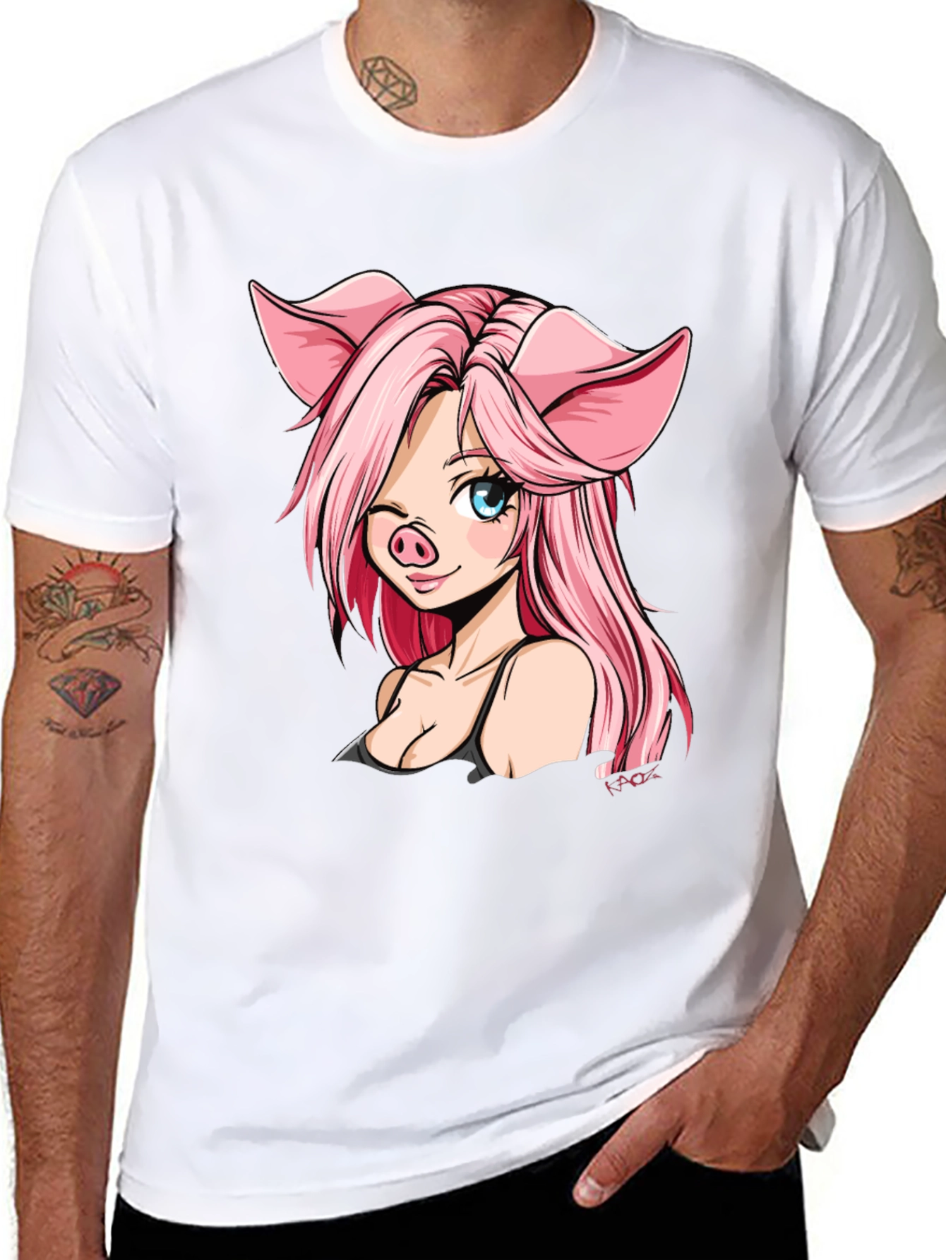 Pig Anime Girl Black T-Shirt