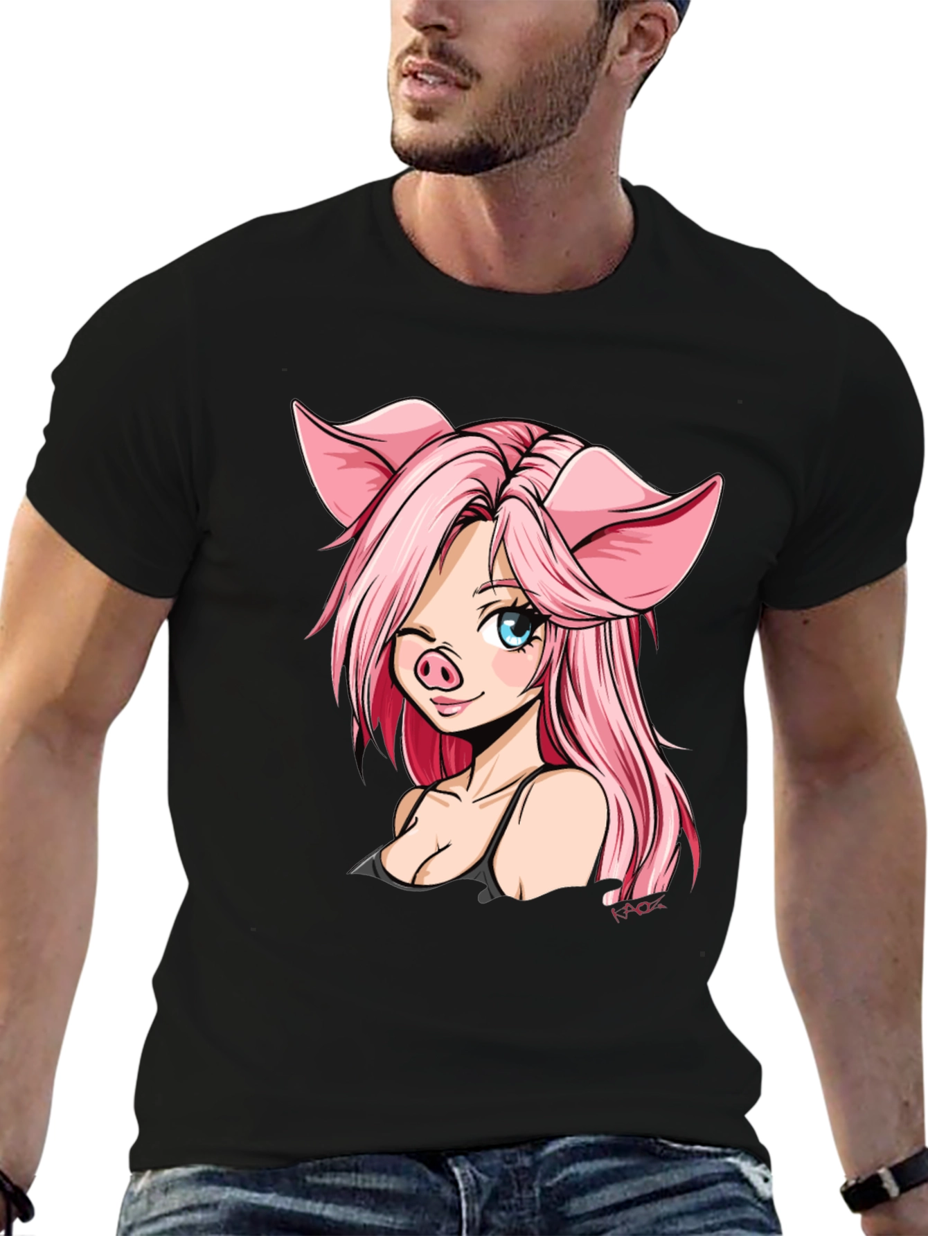 Pig Anime Girl Black T-Shirt