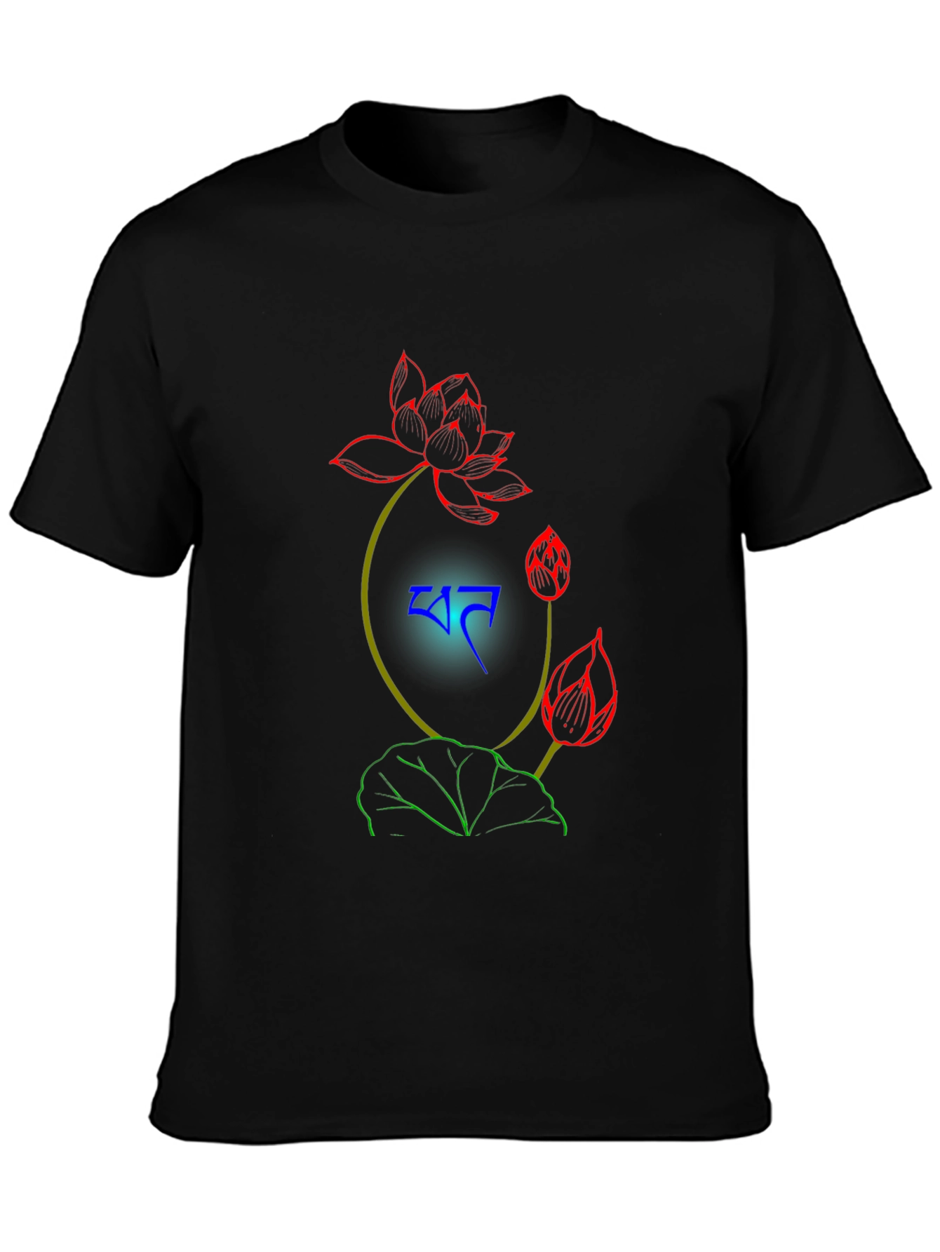 Black T-Shirt with Floral Lotus Design
