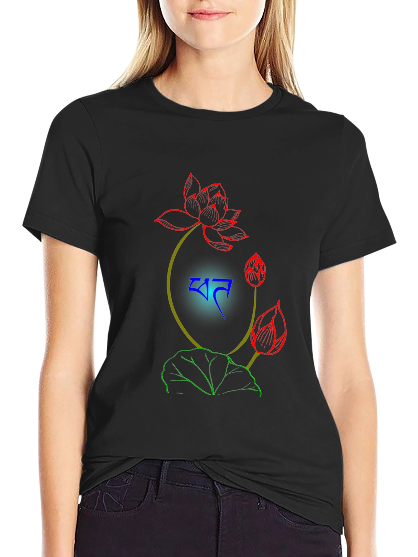 Black T-Shirt with Floral Lotus Design