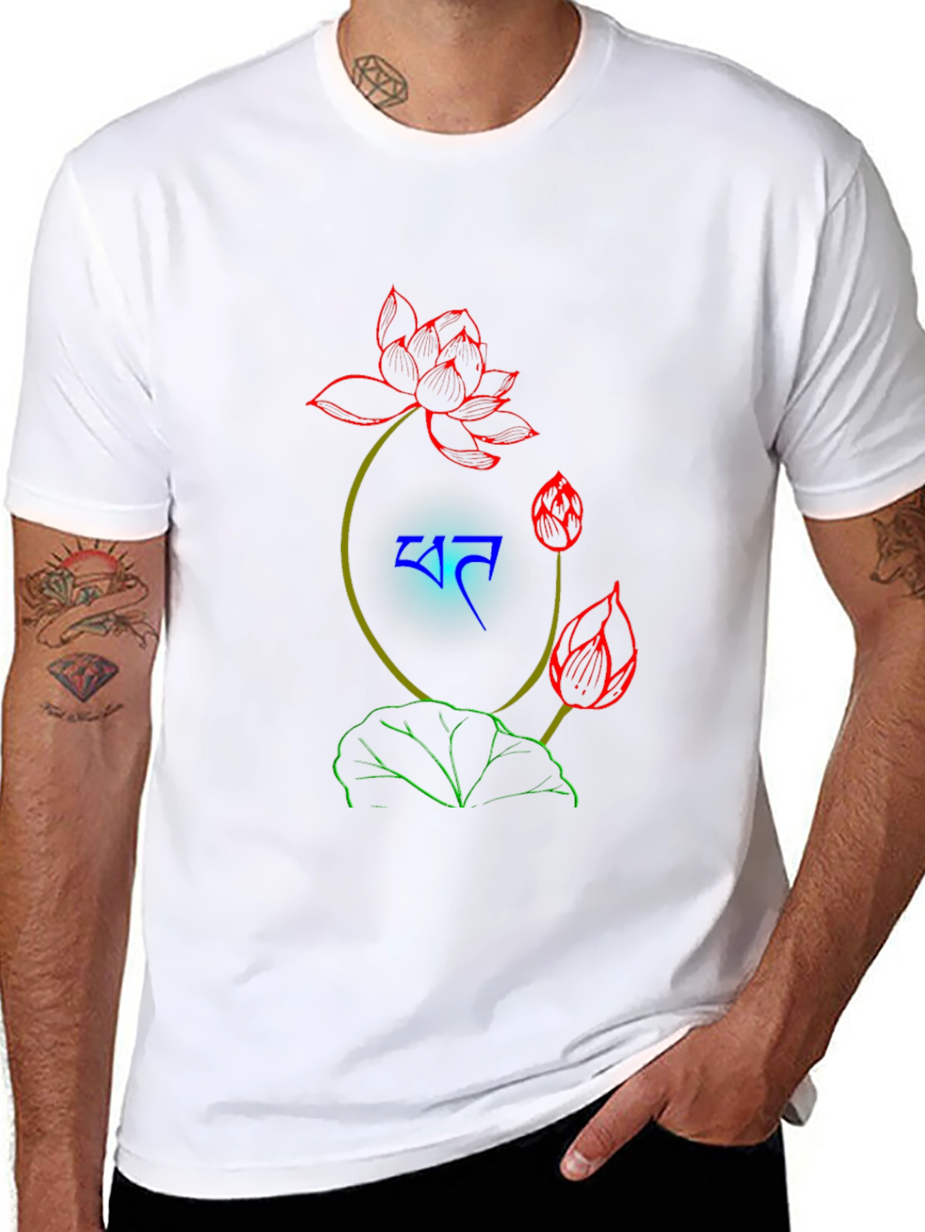 Black T-Shirt with Floral Lotus Design