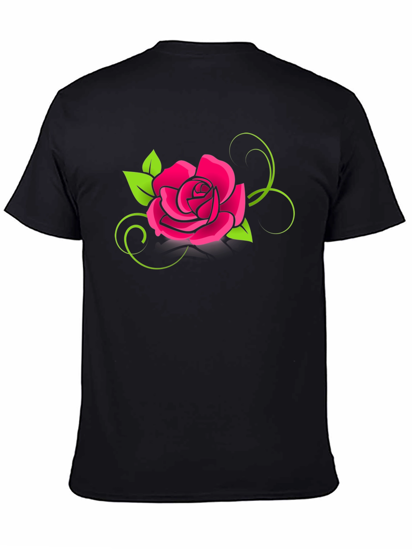 Black T-Shirt with Pink Rose Design
