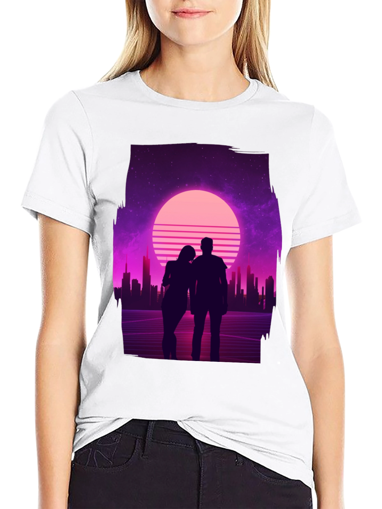 Retro Sunset Couple T-Shirt - Black