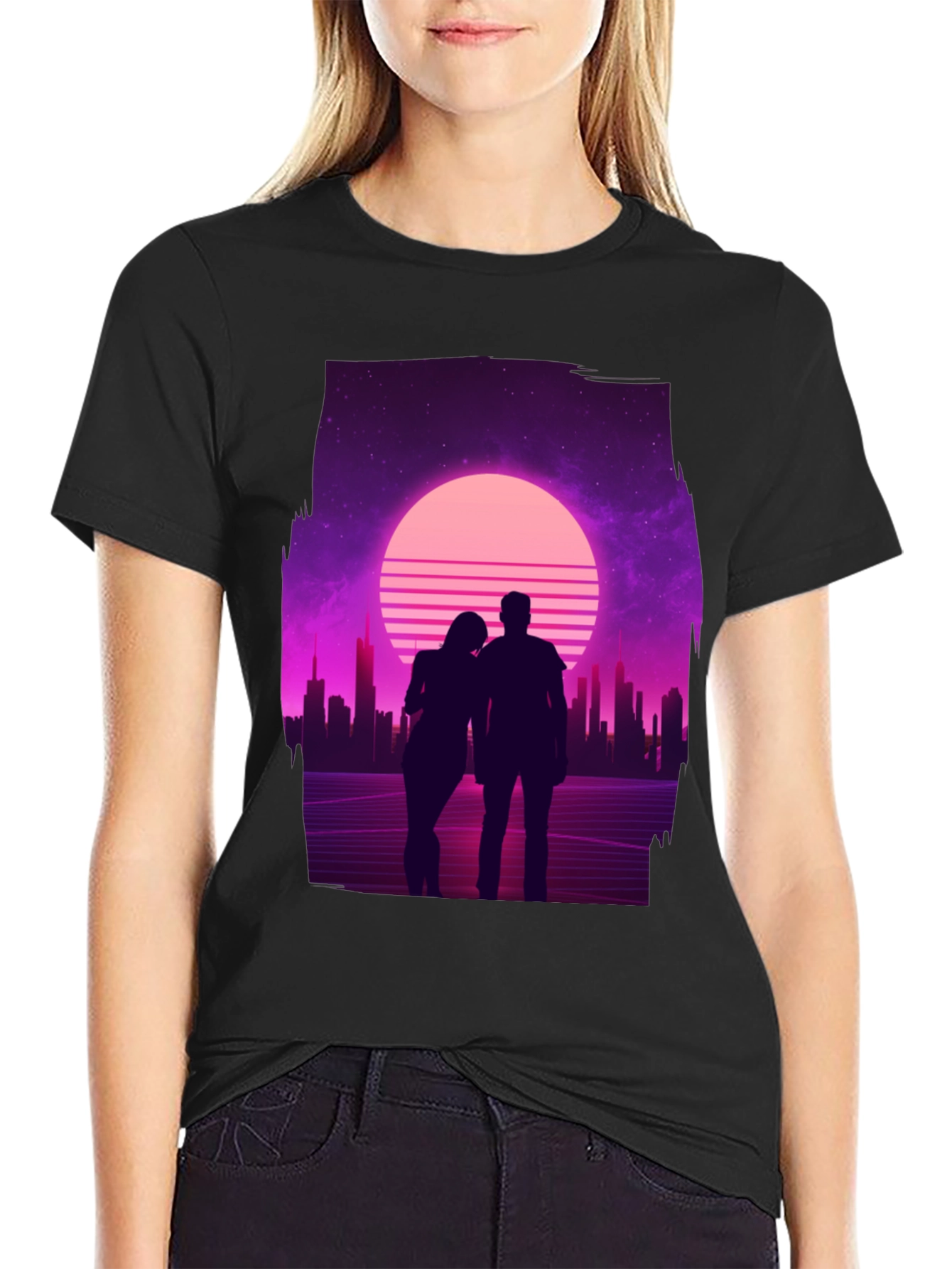 Retro Sunset Couple T-Shirt - Black