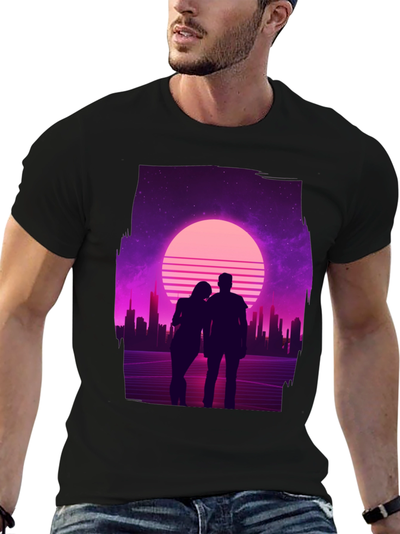 Retro Sunset Couple T-Shirt - Black