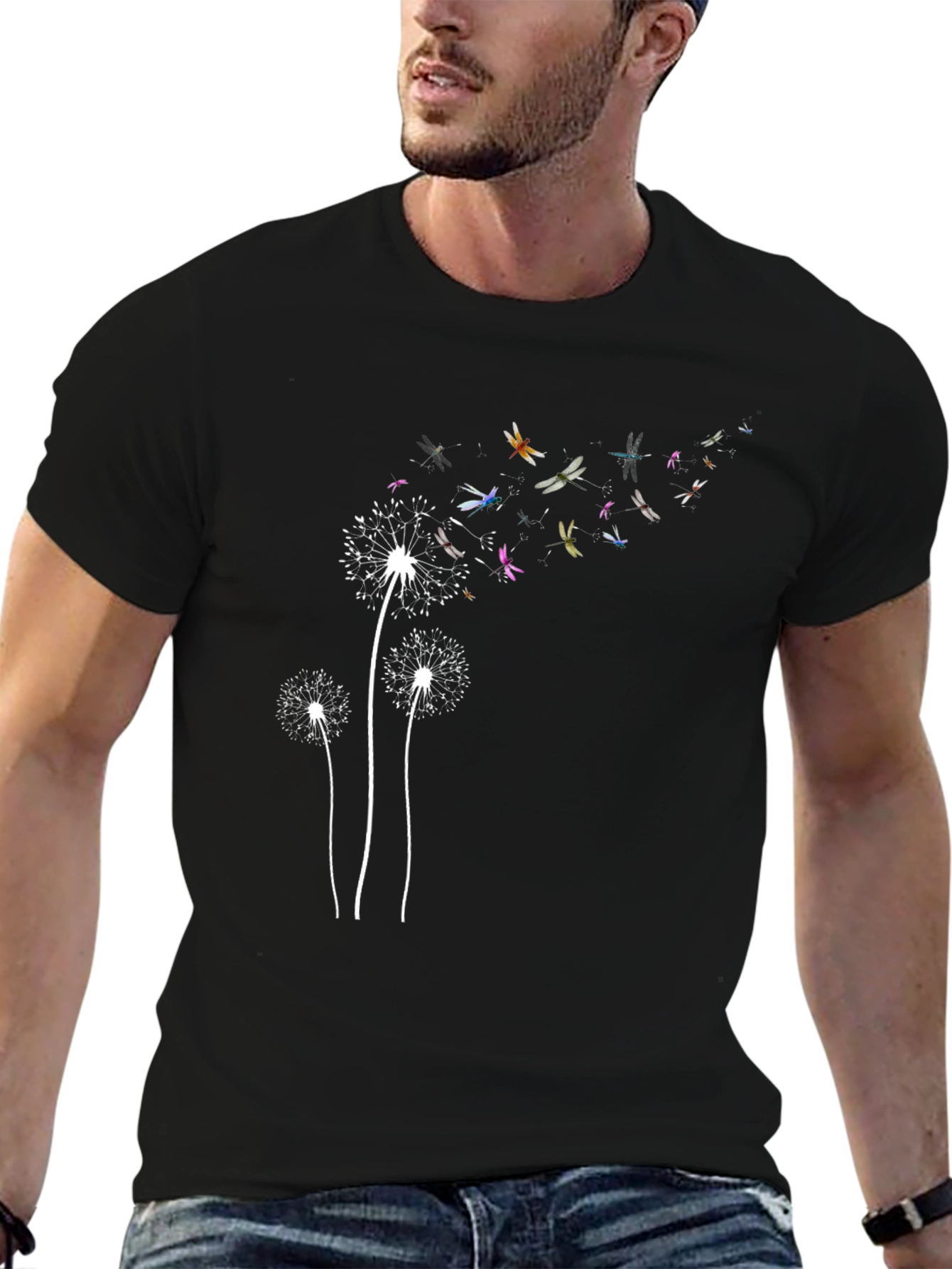 Dandelion Dragonfly Print Black T-Shirt