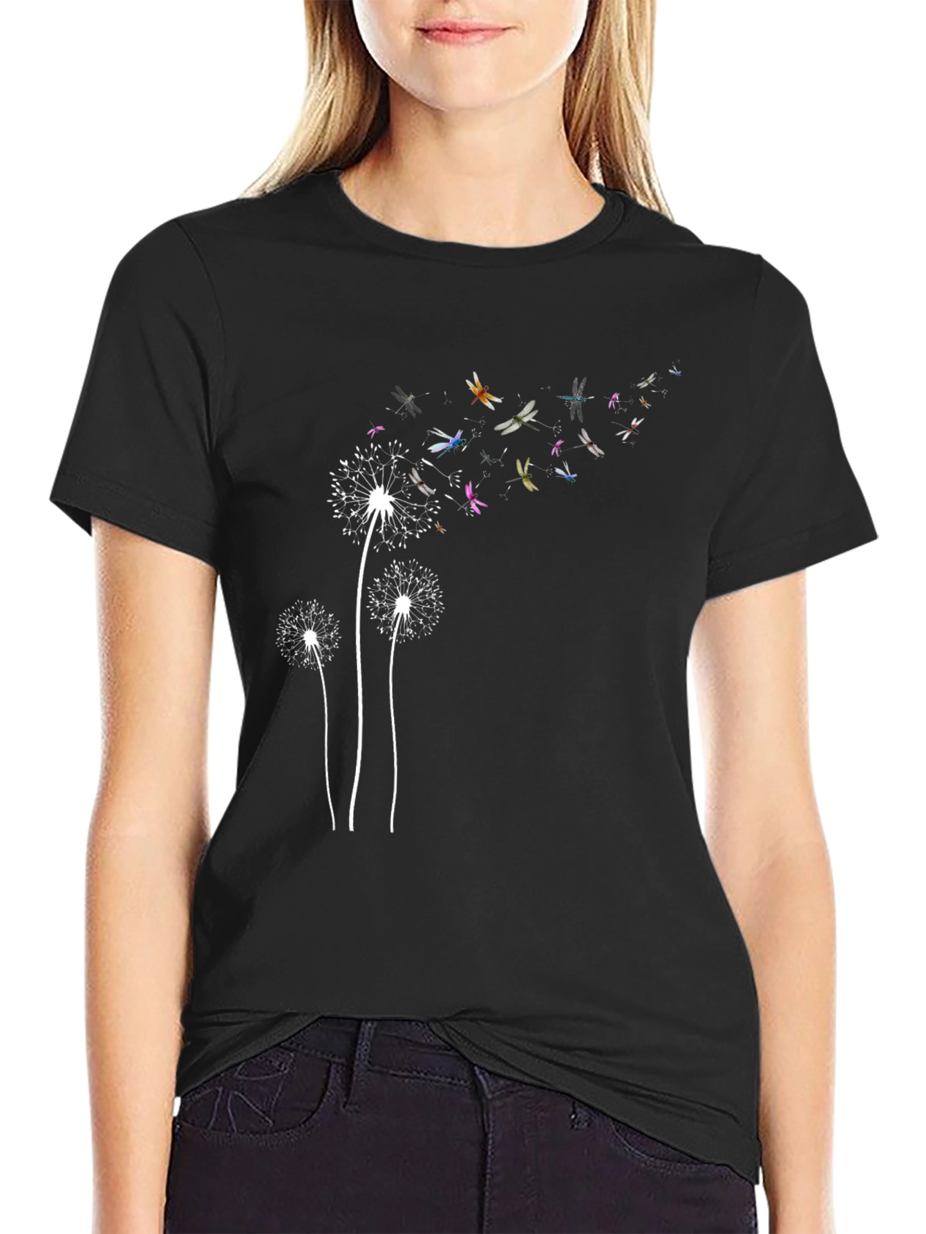 Dandelion Dragonfly Print Black T-Shirt
