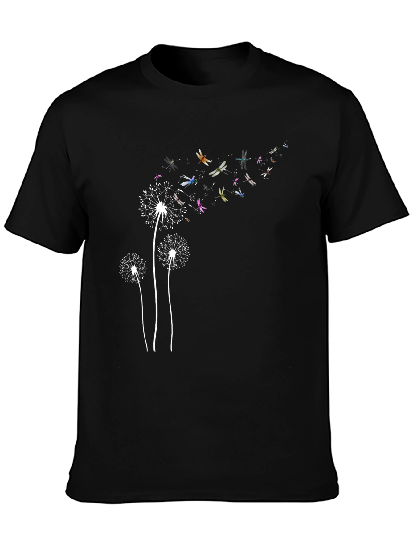Dandelion Dragonfly Print Black T-Shirt