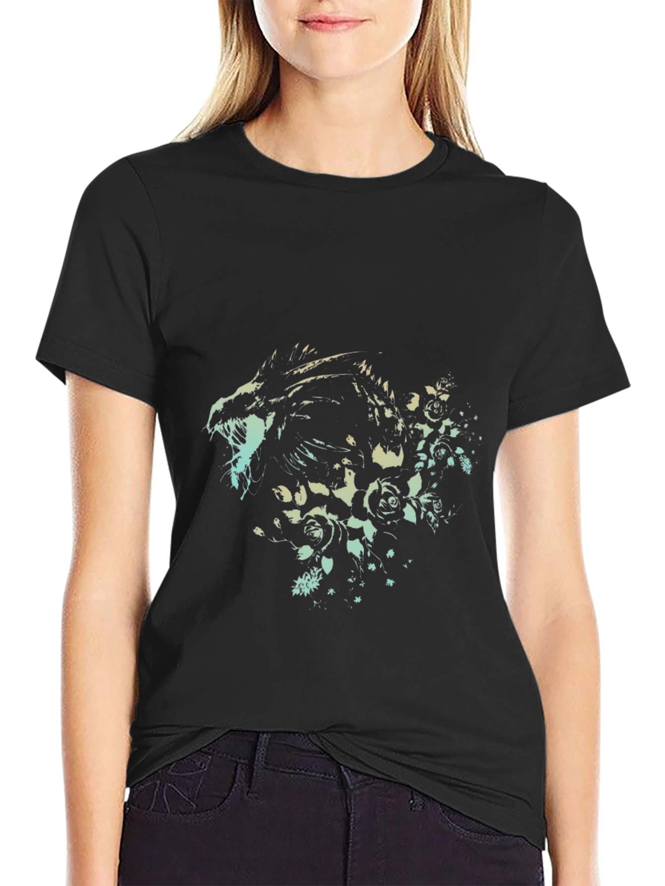 Dragon & Roses Graphic Tee - Stylish Black T-Shirt