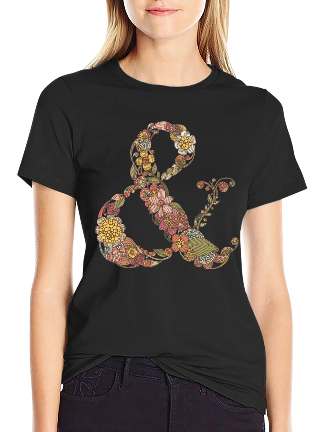 Floral Ampersand Graphic Tee - Black Casual T-Shirt
