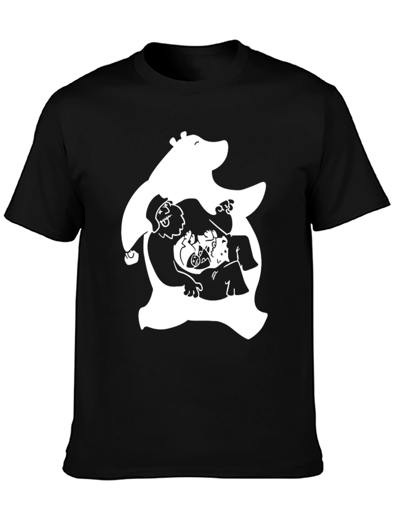 Novelty Black T-Shirt with White Bear & Characters Print