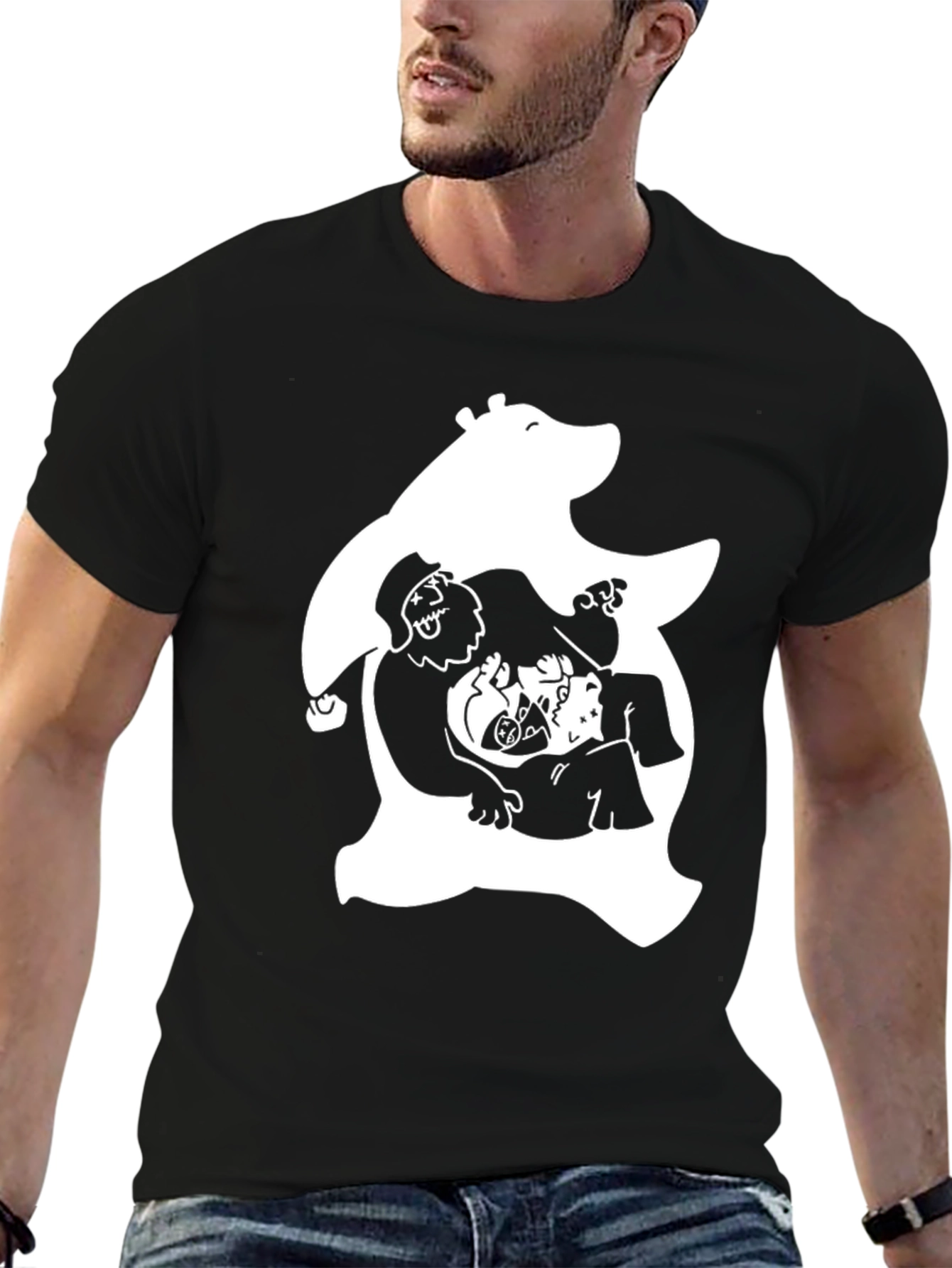 Novelty Black T-Shirt with White Bear & Characters Print