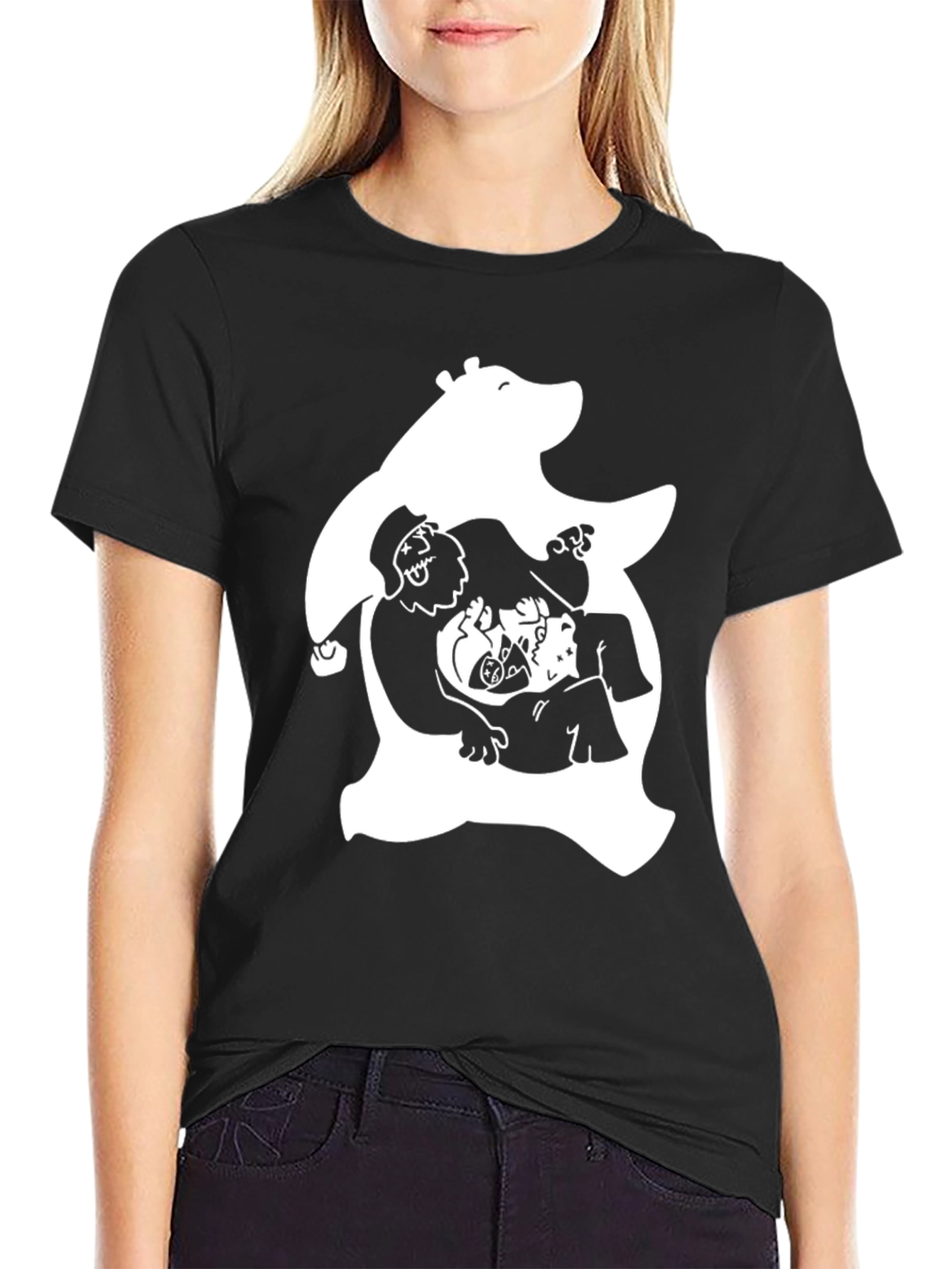 Novelty Black T-Shirt with White Bear & Characters Print