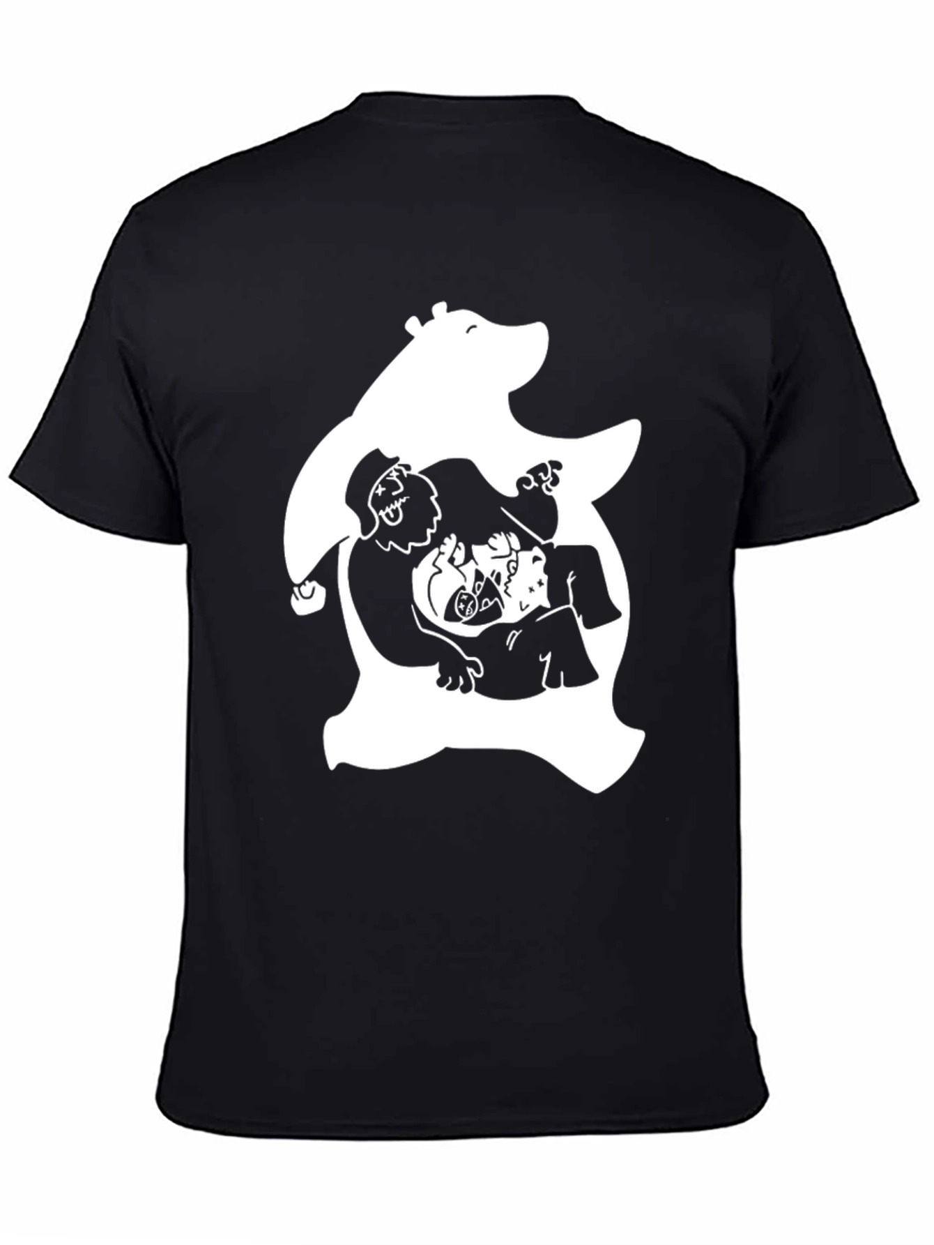Novelty Black T-Shirt with White Bear & Characters Print