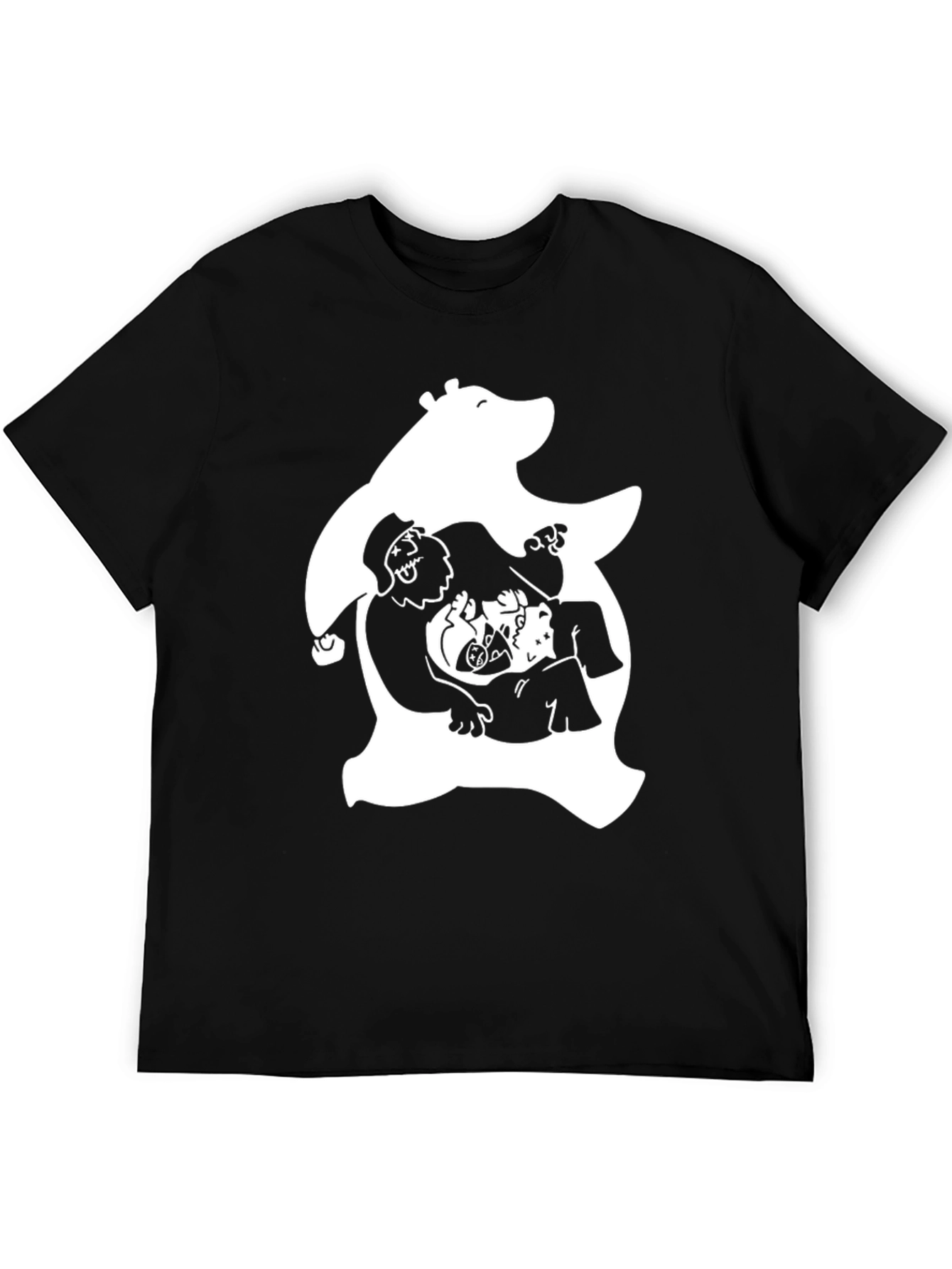Novelty Black T-Shirt with White Bear & Characters Print
