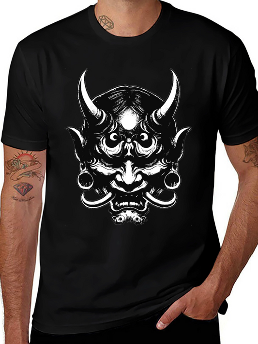 Mens Black Graphic Tee - Oni Mask Design