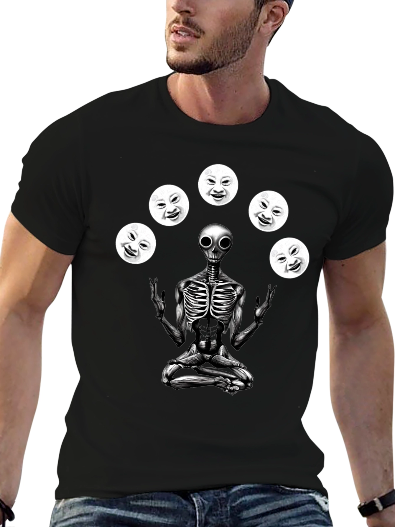Alien Juggling Moon Faces Graphic T-Shirt