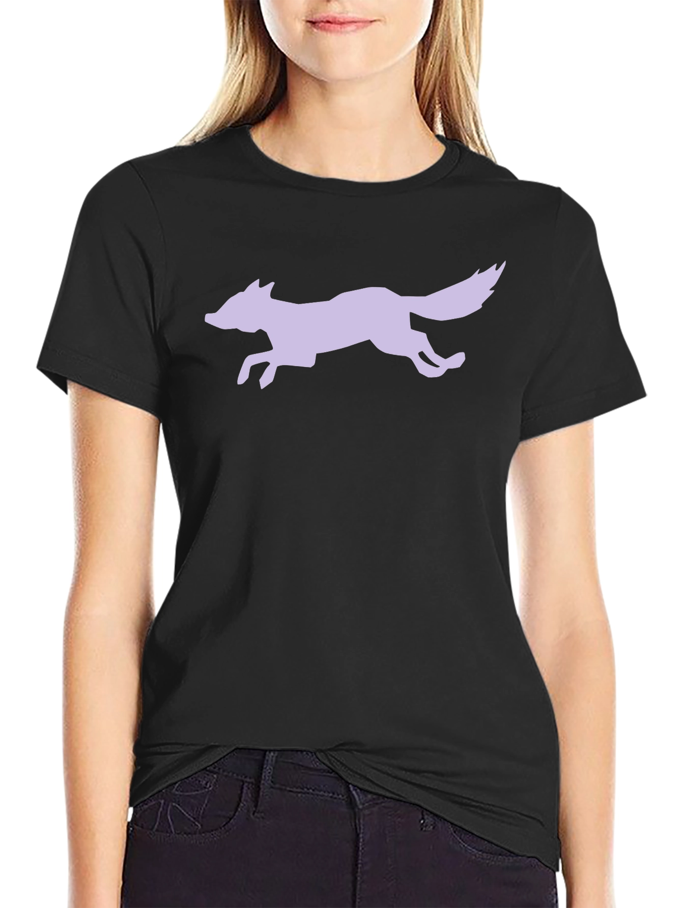 Black T-Shirt with Lilac Running Fox Design
