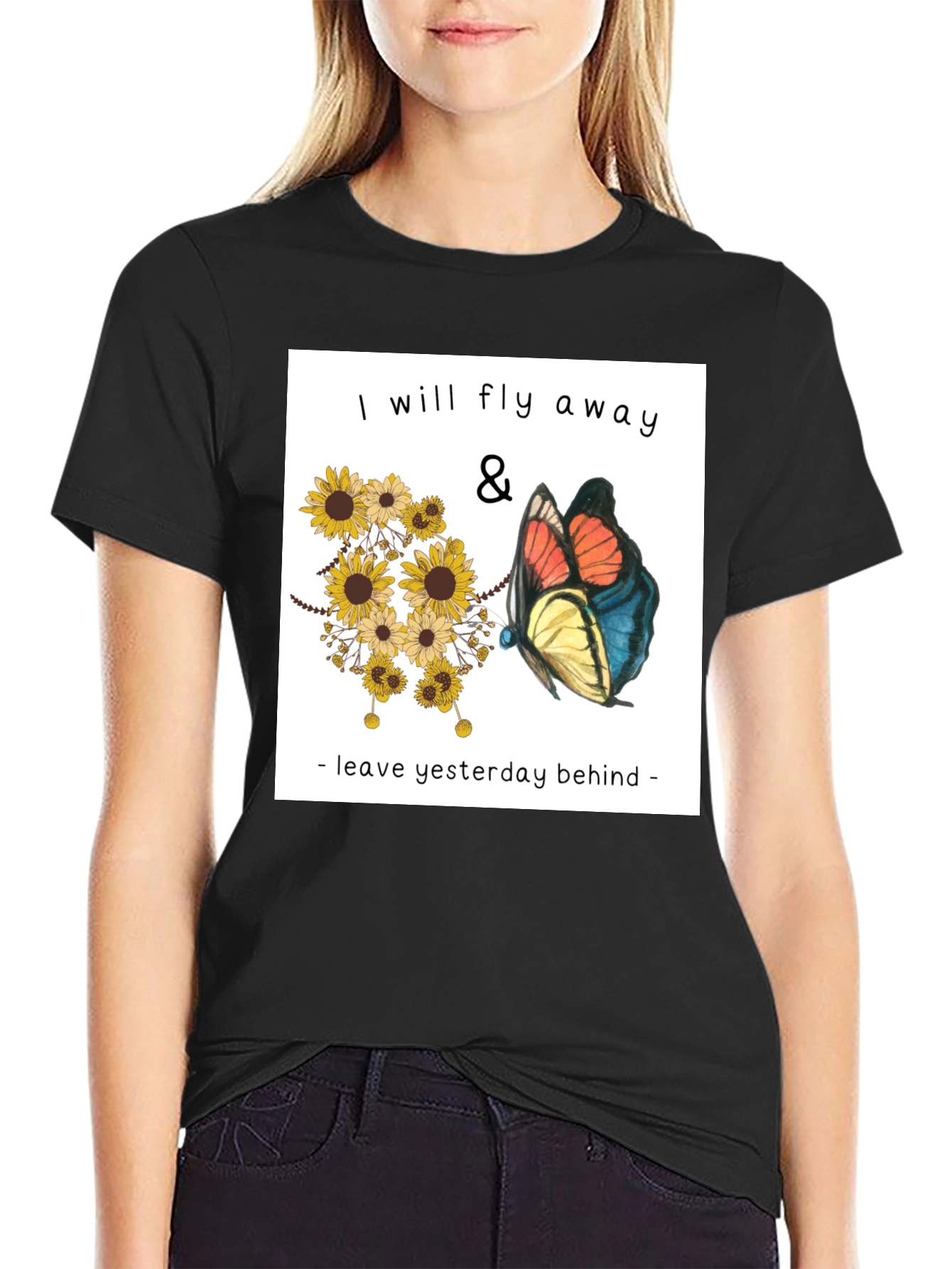 Fly Away Graphic Tee - Sunflowers & Butterfly