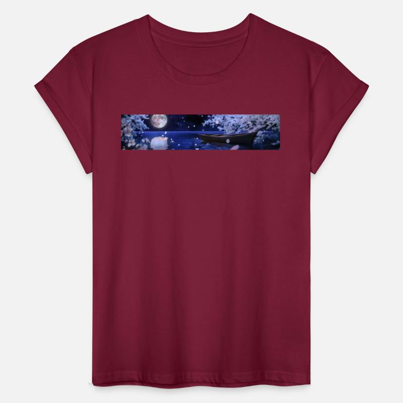 Cherry blossoms at night, moon, boats on the pond