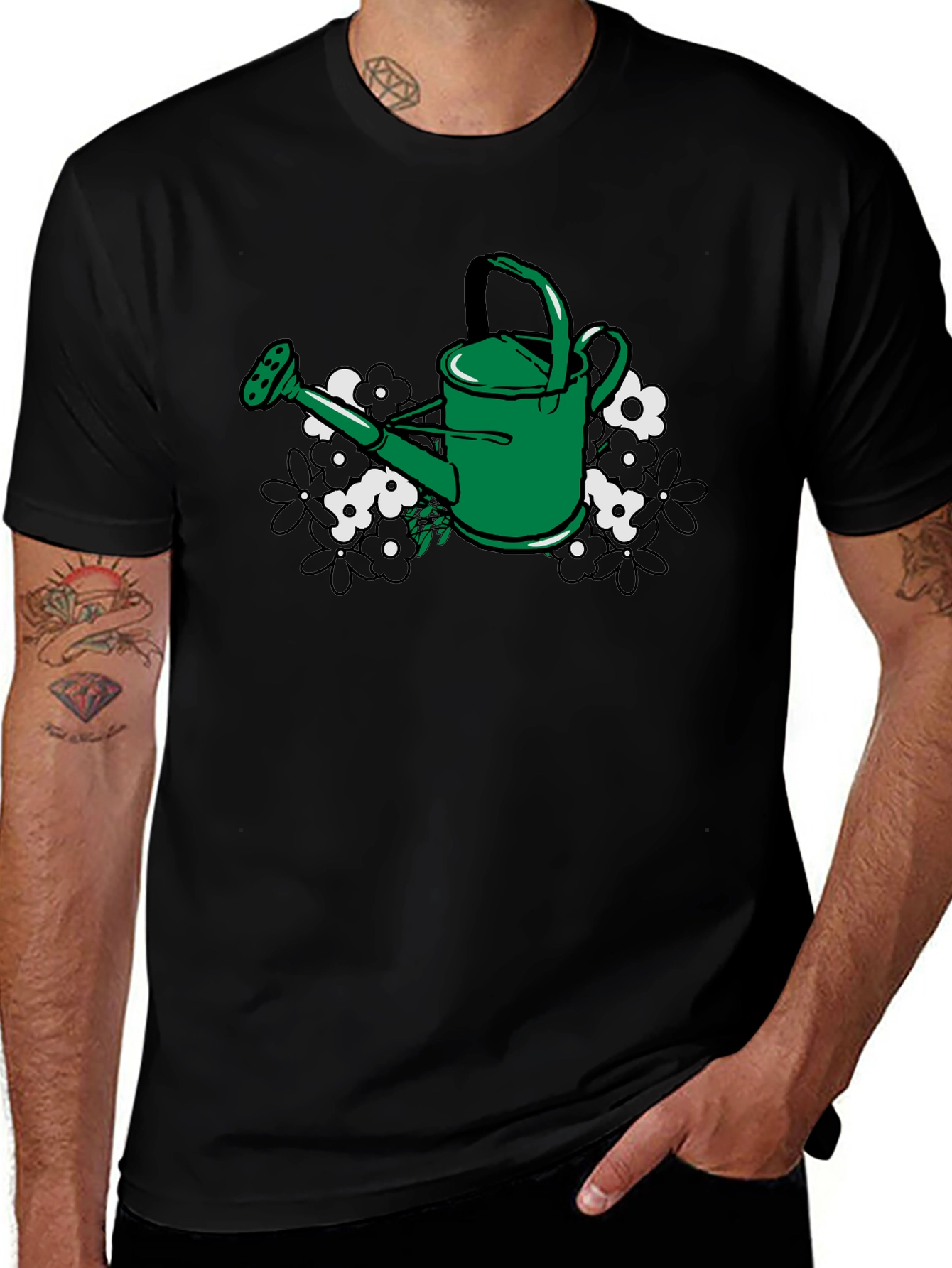 Gardening T-Shirt: Green Watering Can & Floral Design