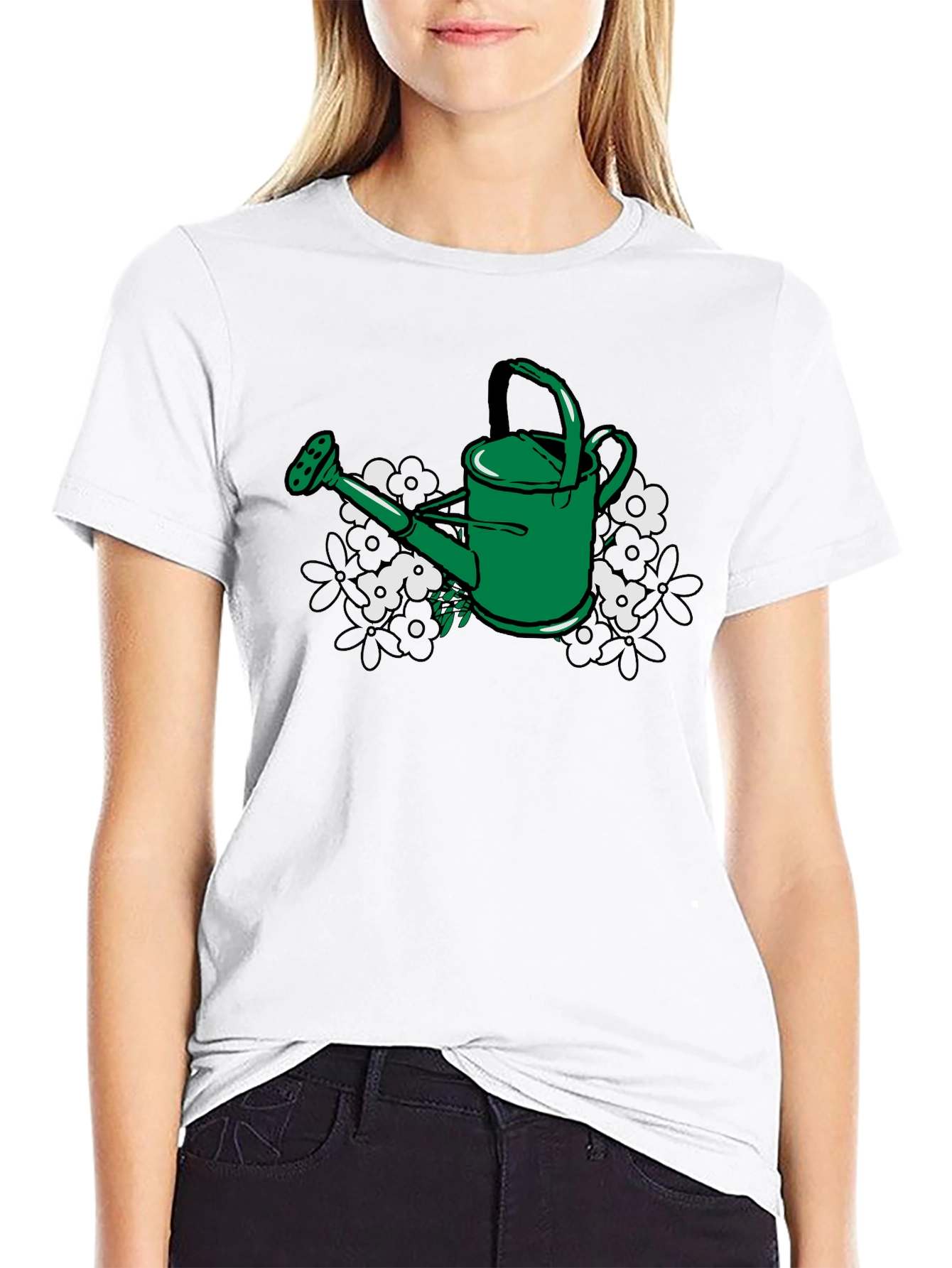 Gardening T-Shirt: Green Watering Can & Floral Design