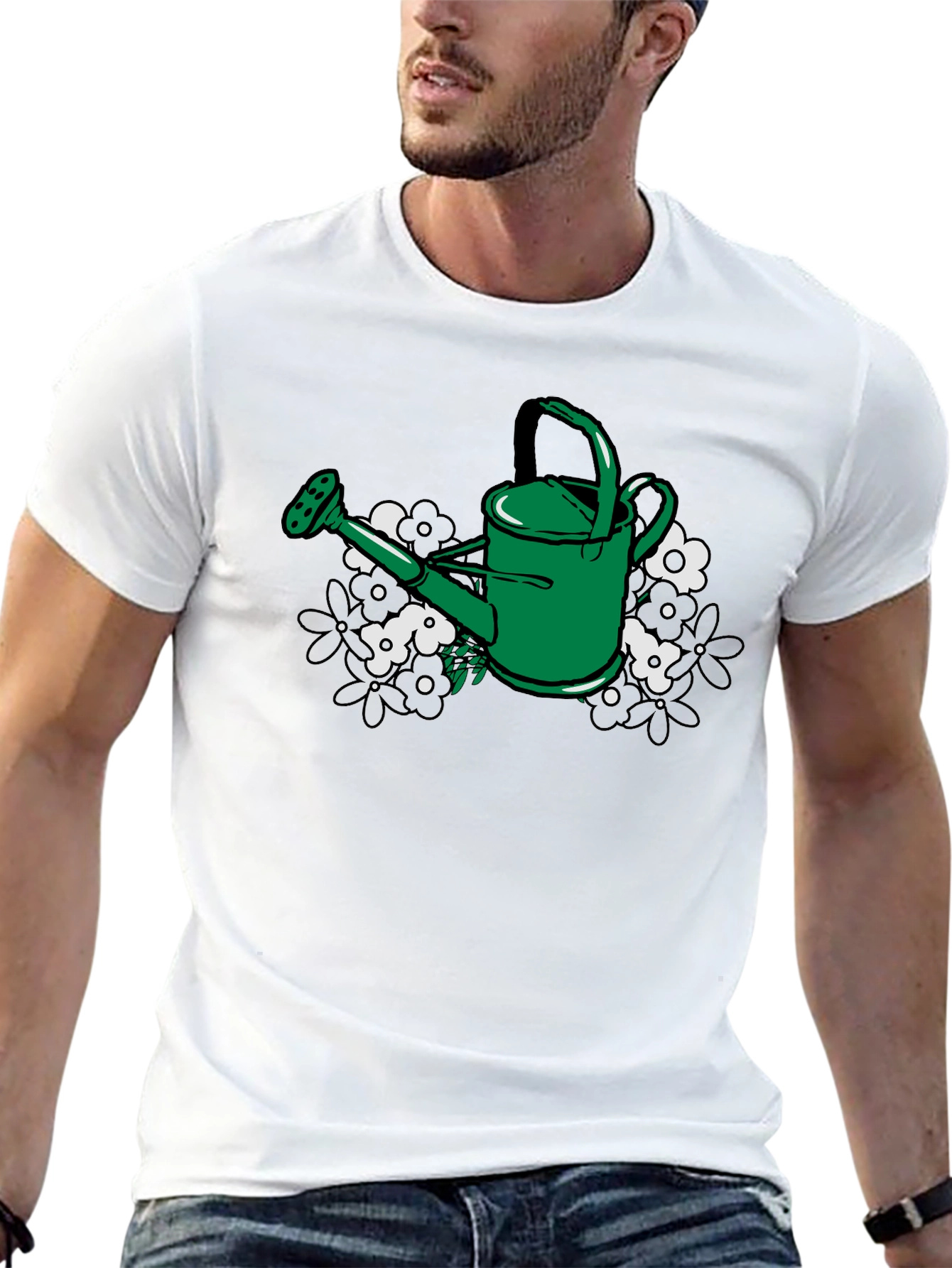 Gardening T-Shirt: Green Watering Can & Floral Design