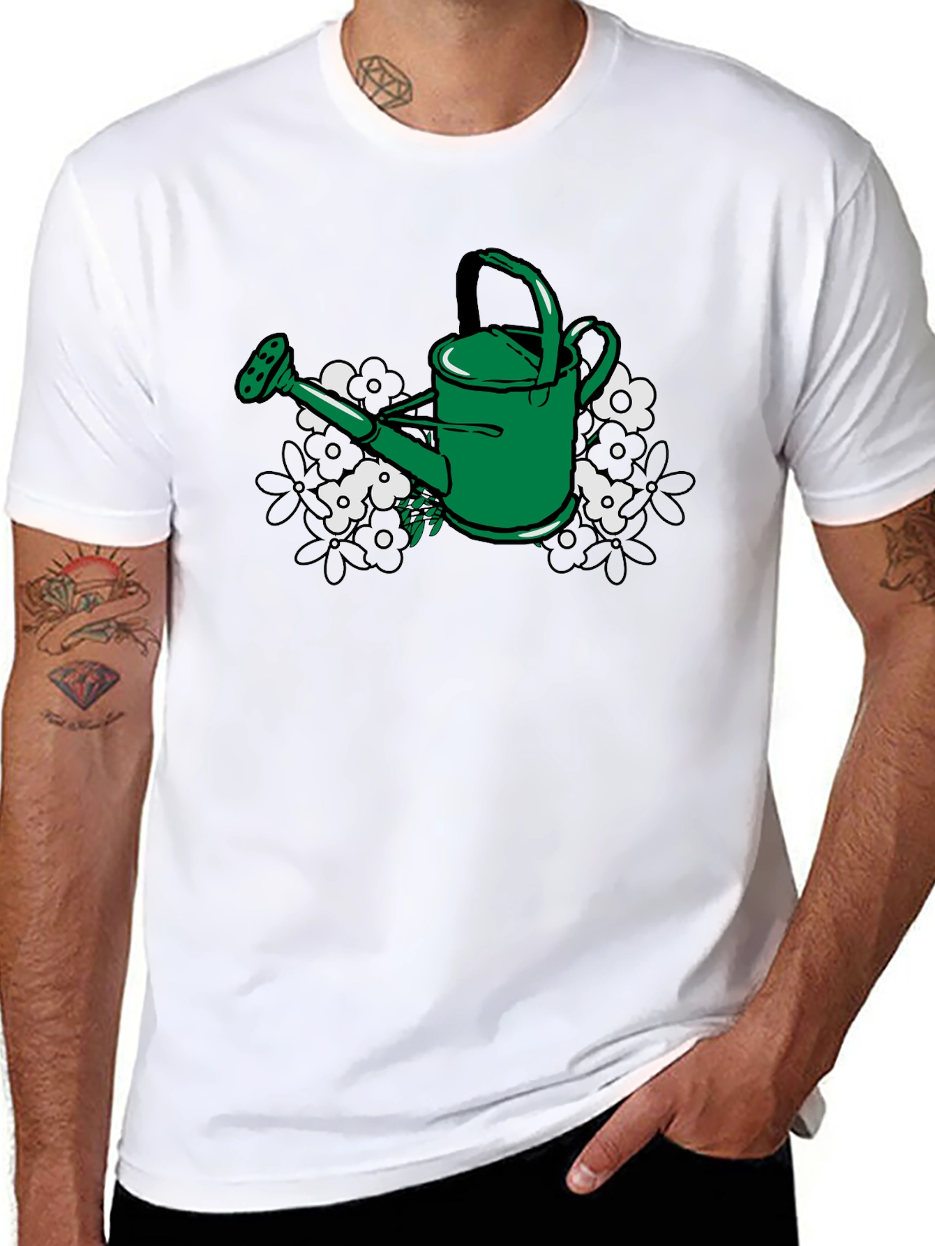Gardening T-Shirt: Green Watering Can & Floral Design
