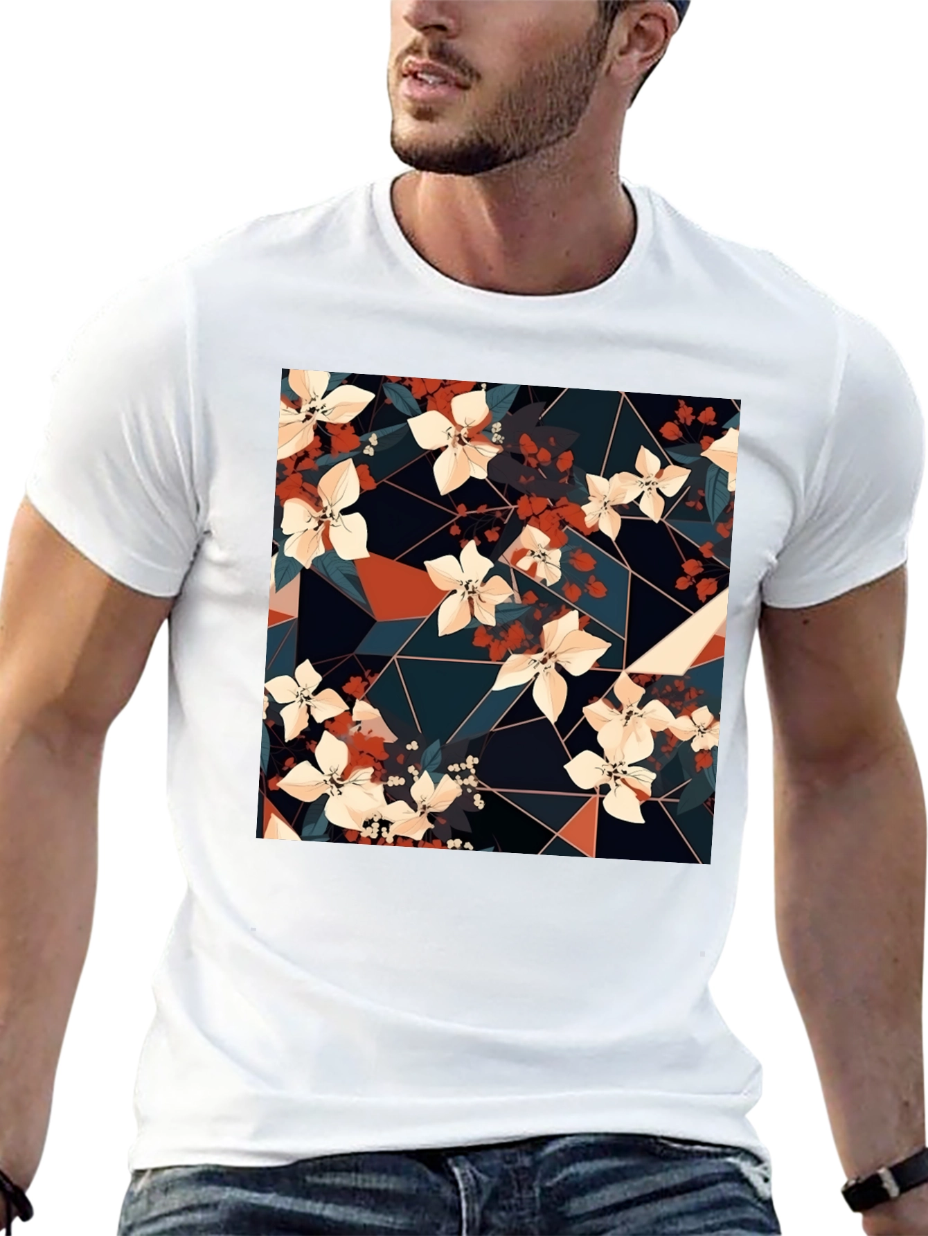 Floral Geometric Print Black T-Shirt