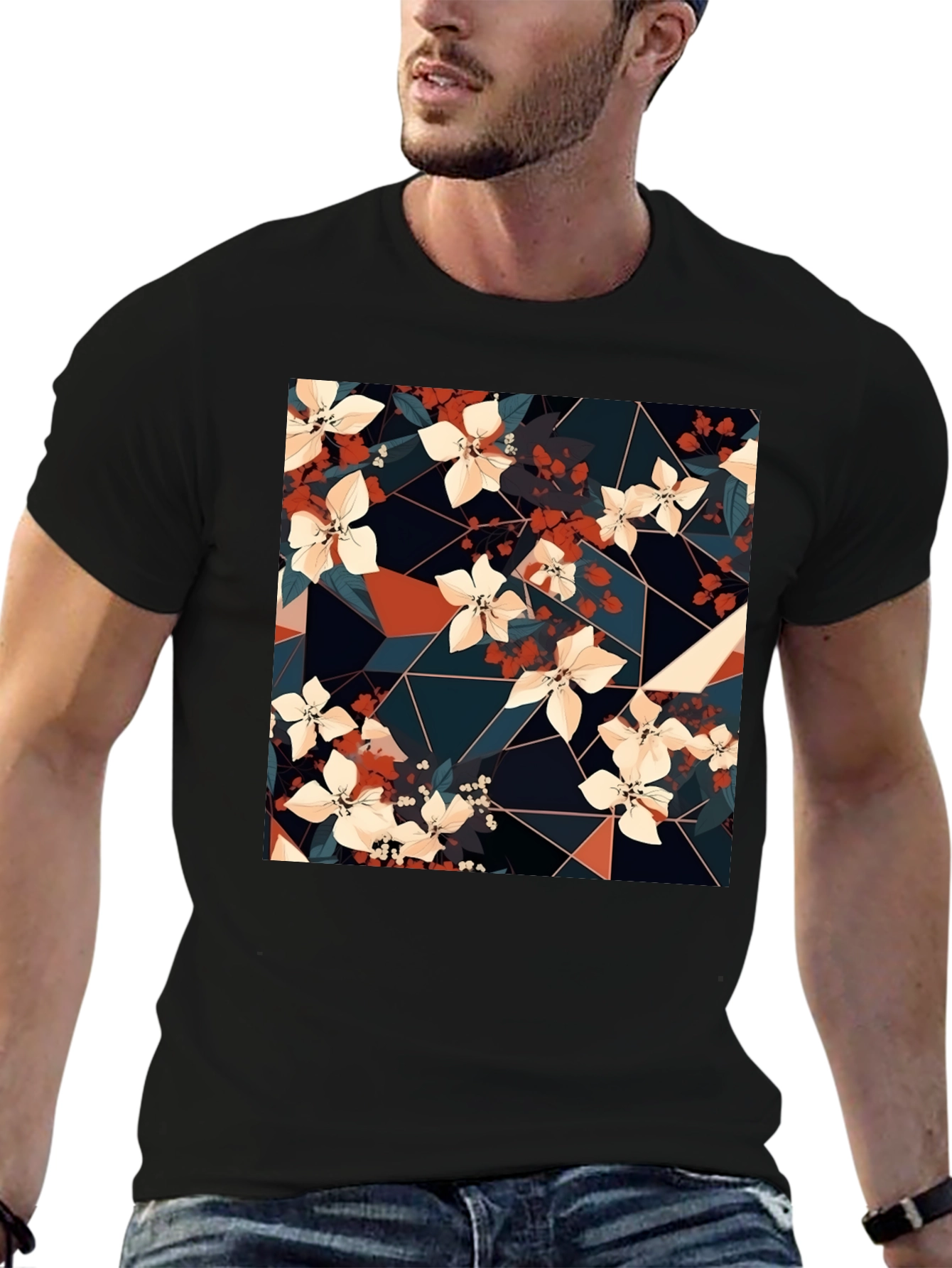 Floral Geometric Print Black T-Shirt