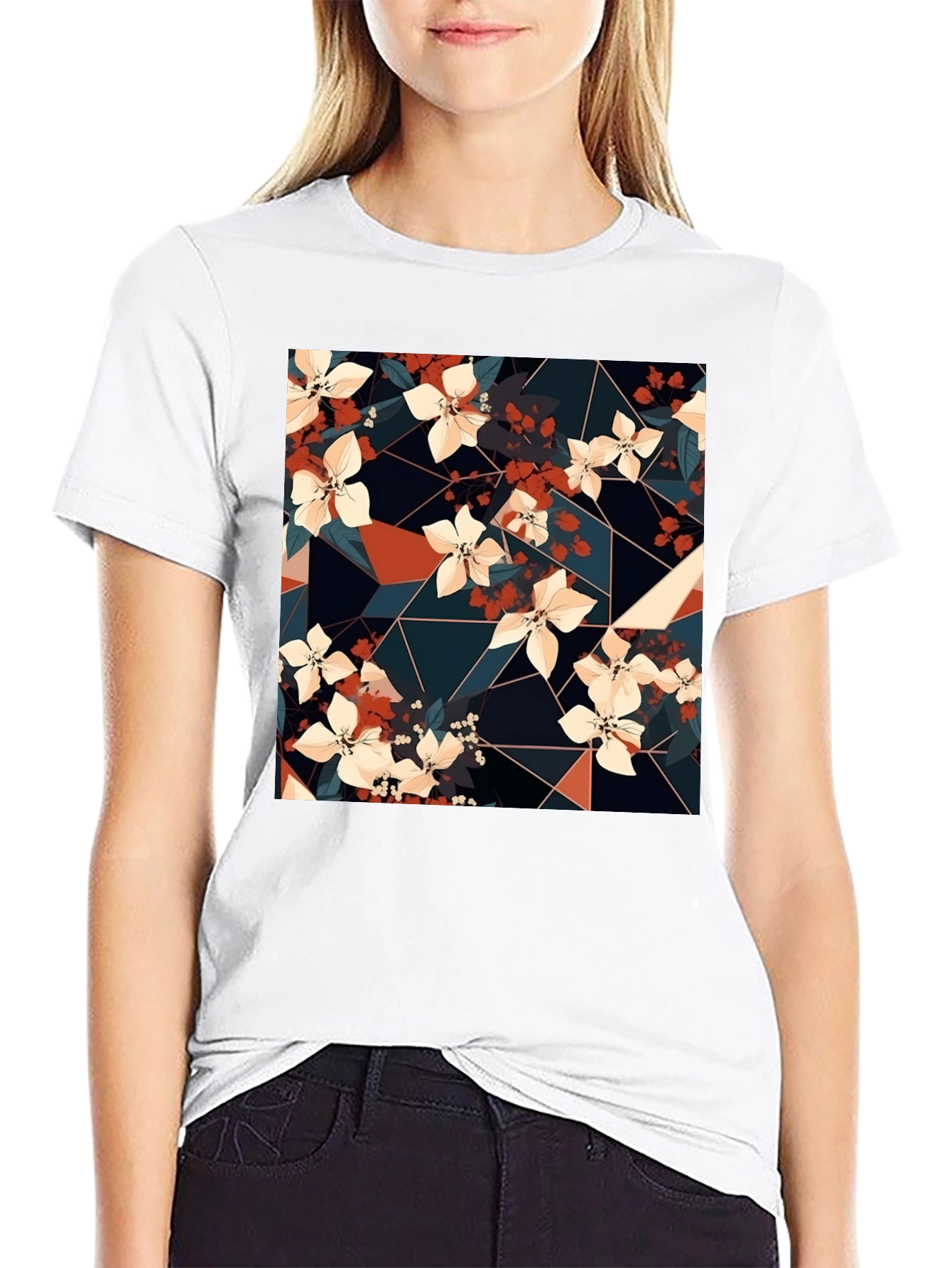 Floral Geometric Print Black T-Shirt