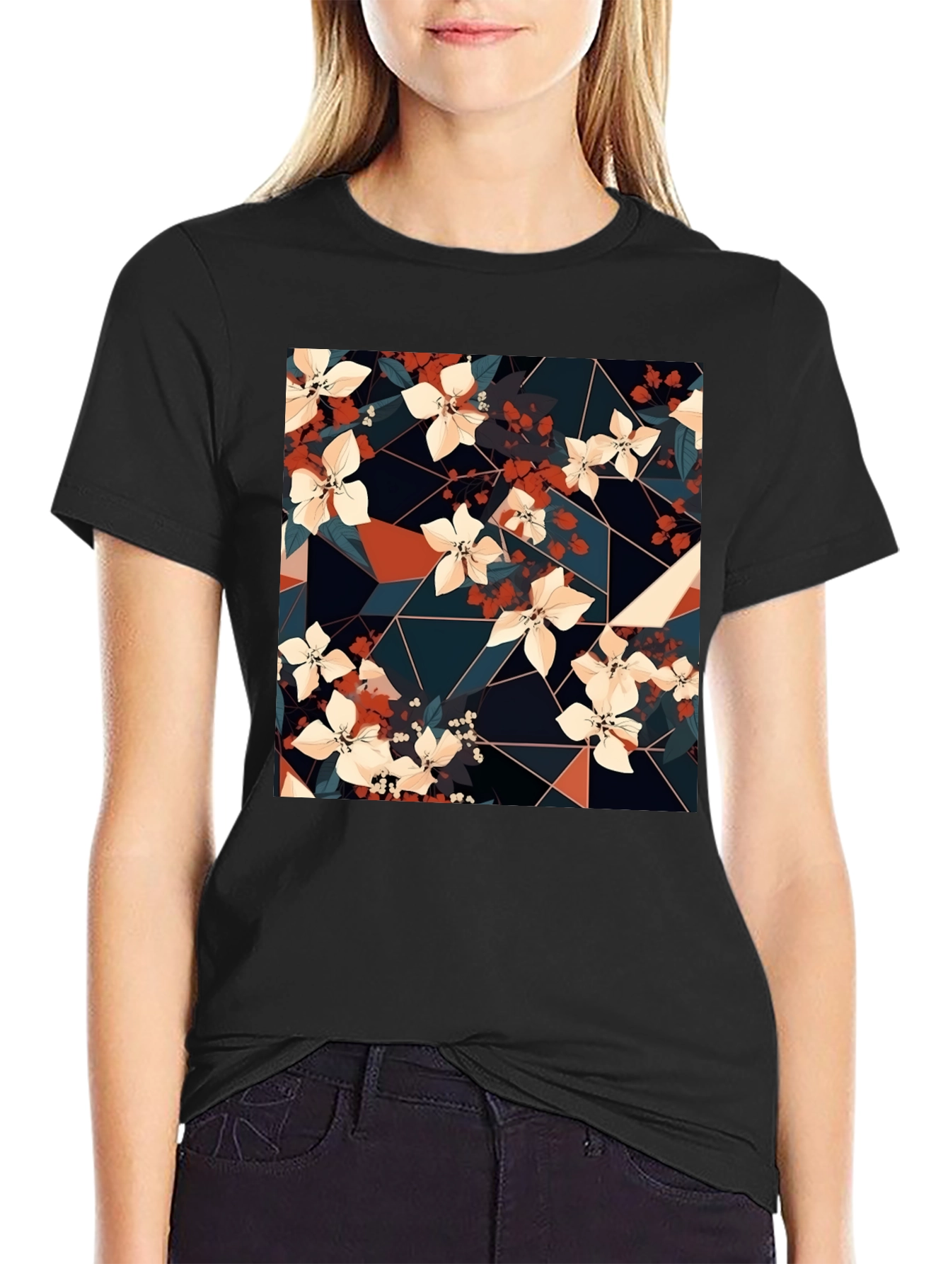 Floral Geometric Print Black T-Shirt