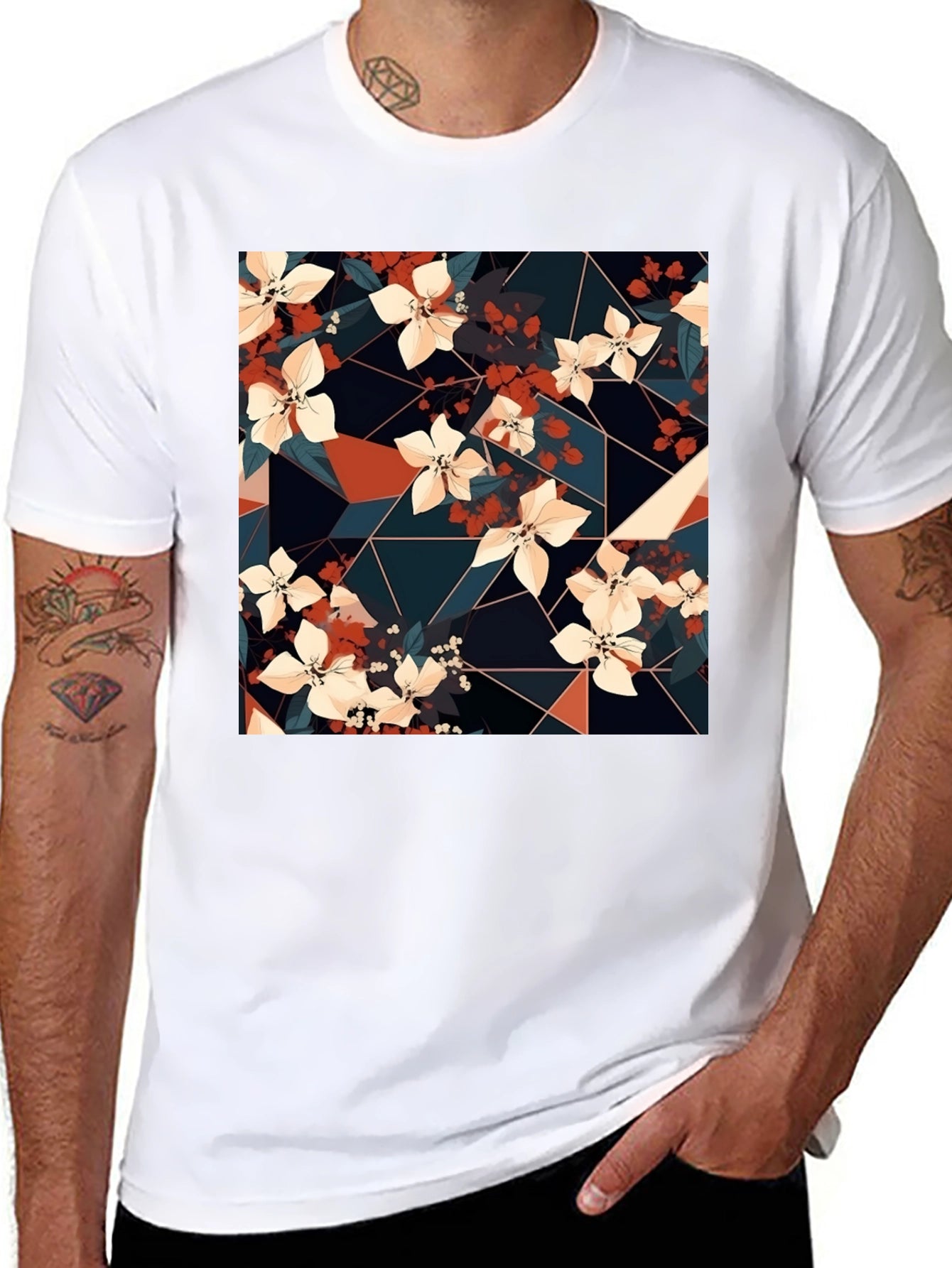 Floral Geometric Print Black T-Shirt
