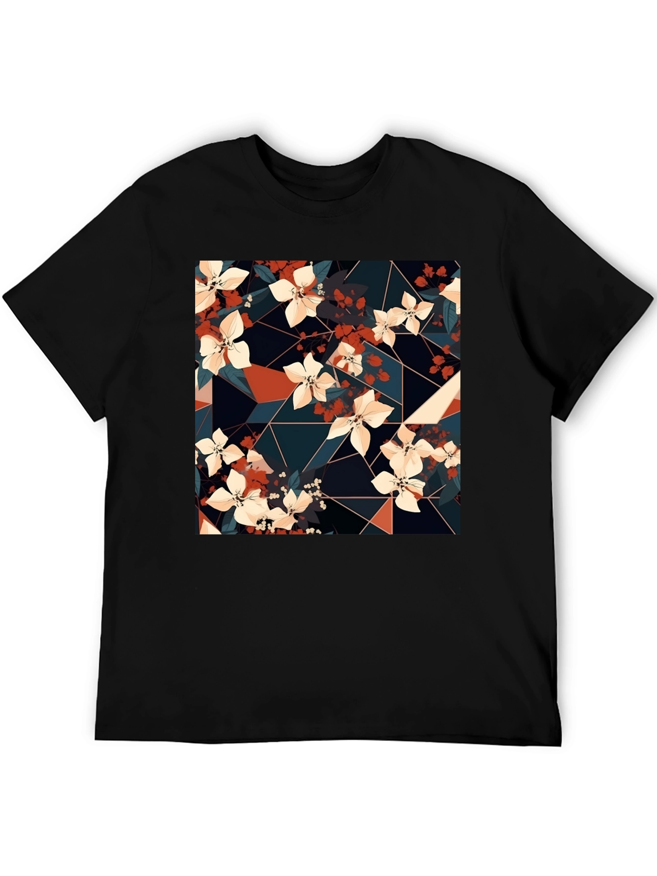 Floral Geometric Print Black T-Shirt