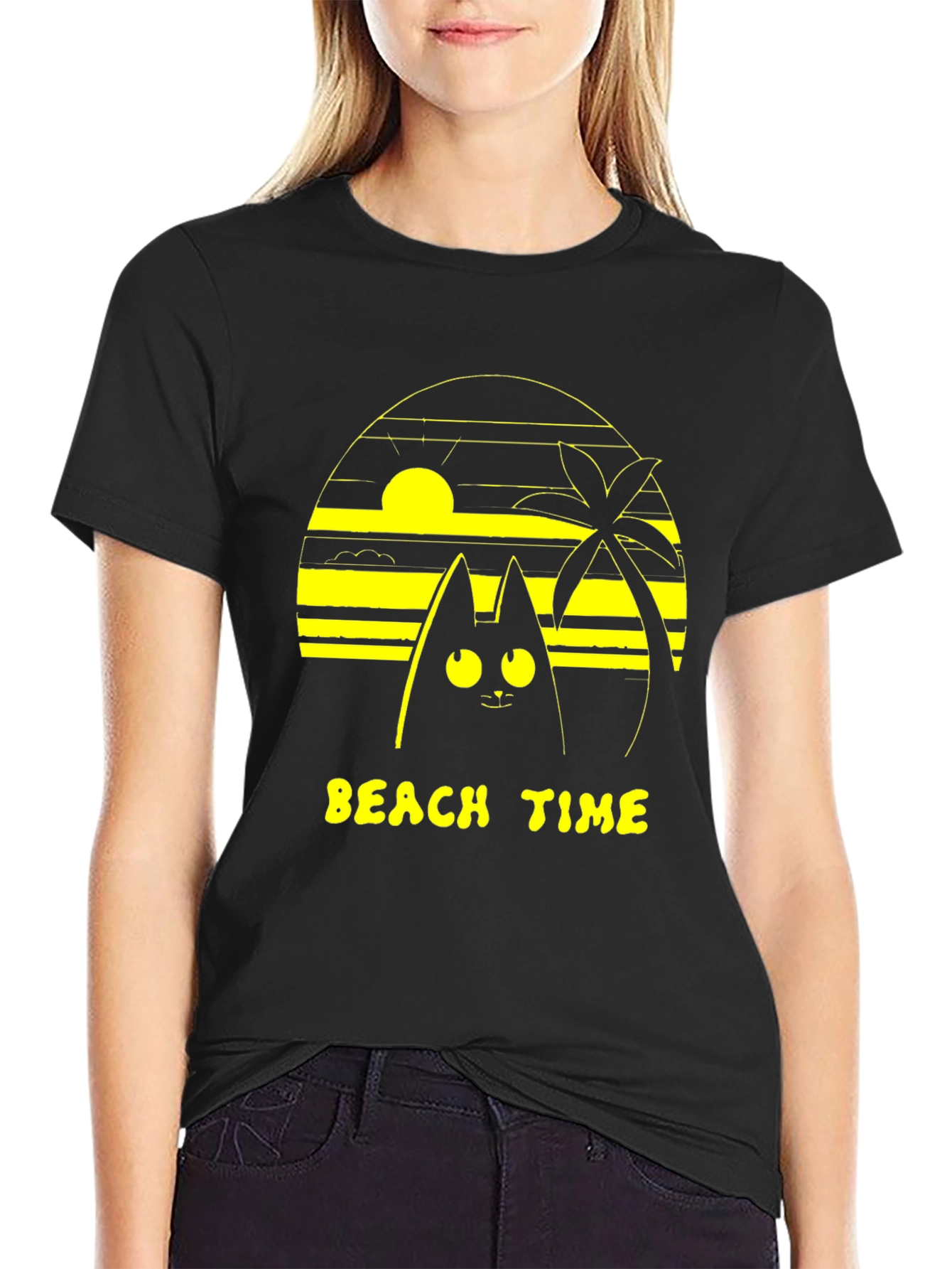 Beach Time Cat Graphic Tee - Unisex Black T-Shirt