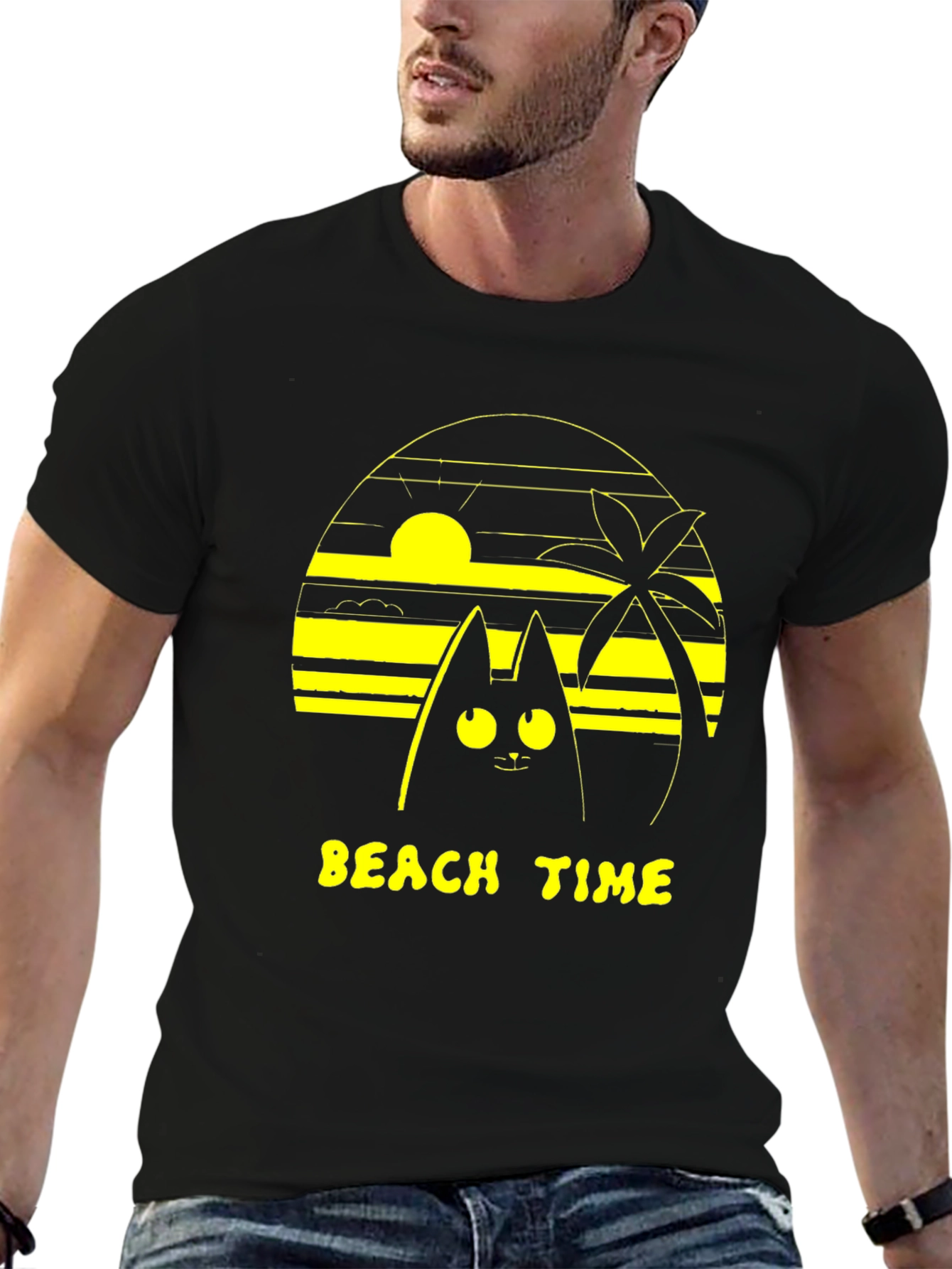 Beach Time Cat Graphic Tee - Unisex Black T-Shirt