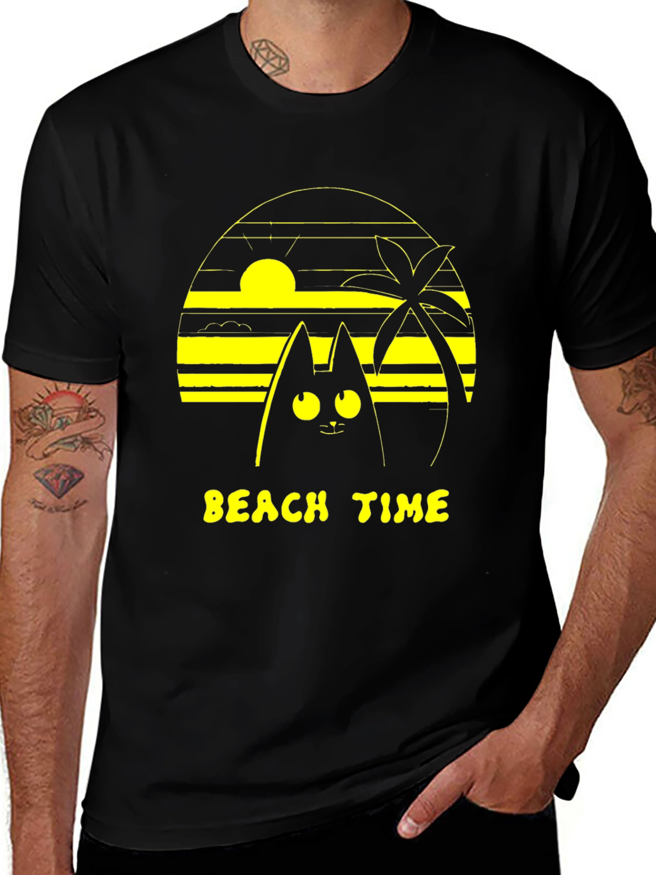 Beach Time Cat Graphic Tee - Unisex Black T-Shirt