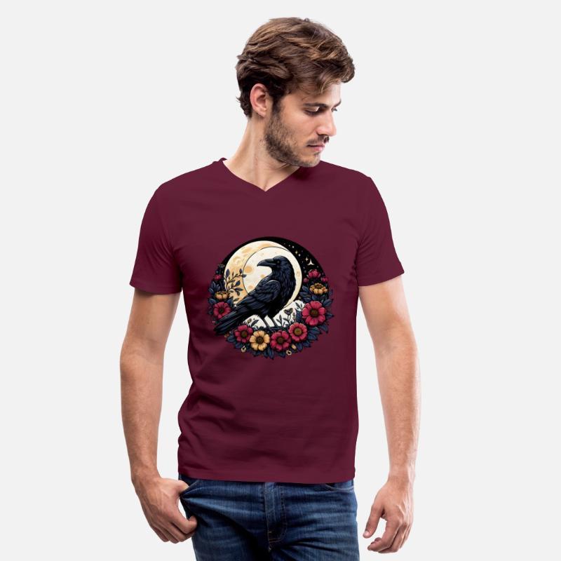 Crow Among Flowers under Full Moon