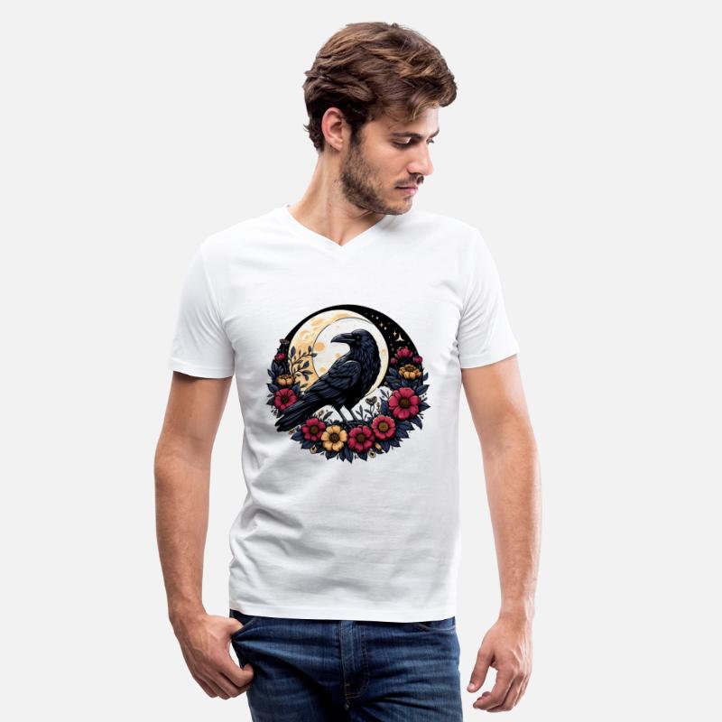 Crow Among Flowers under Full Moon