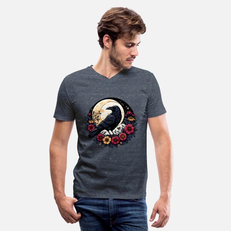 Crow Among Flowers under Full Moon