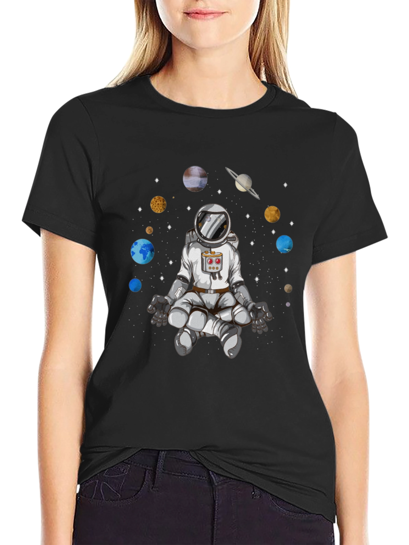 Meditating Astronaut Graphic Tee - Cosmic Harmony