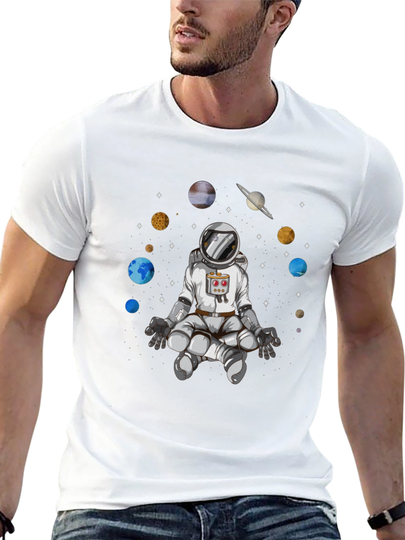 Meditating Astronaut Graphic Tee - Cosmic Harmony