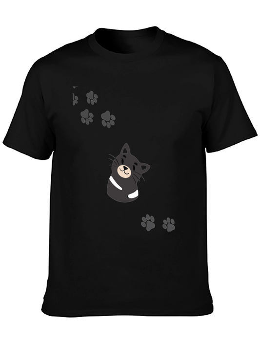 Cute Cartoon Cat Paw Print Graphic Tee - Black Cotton Blend