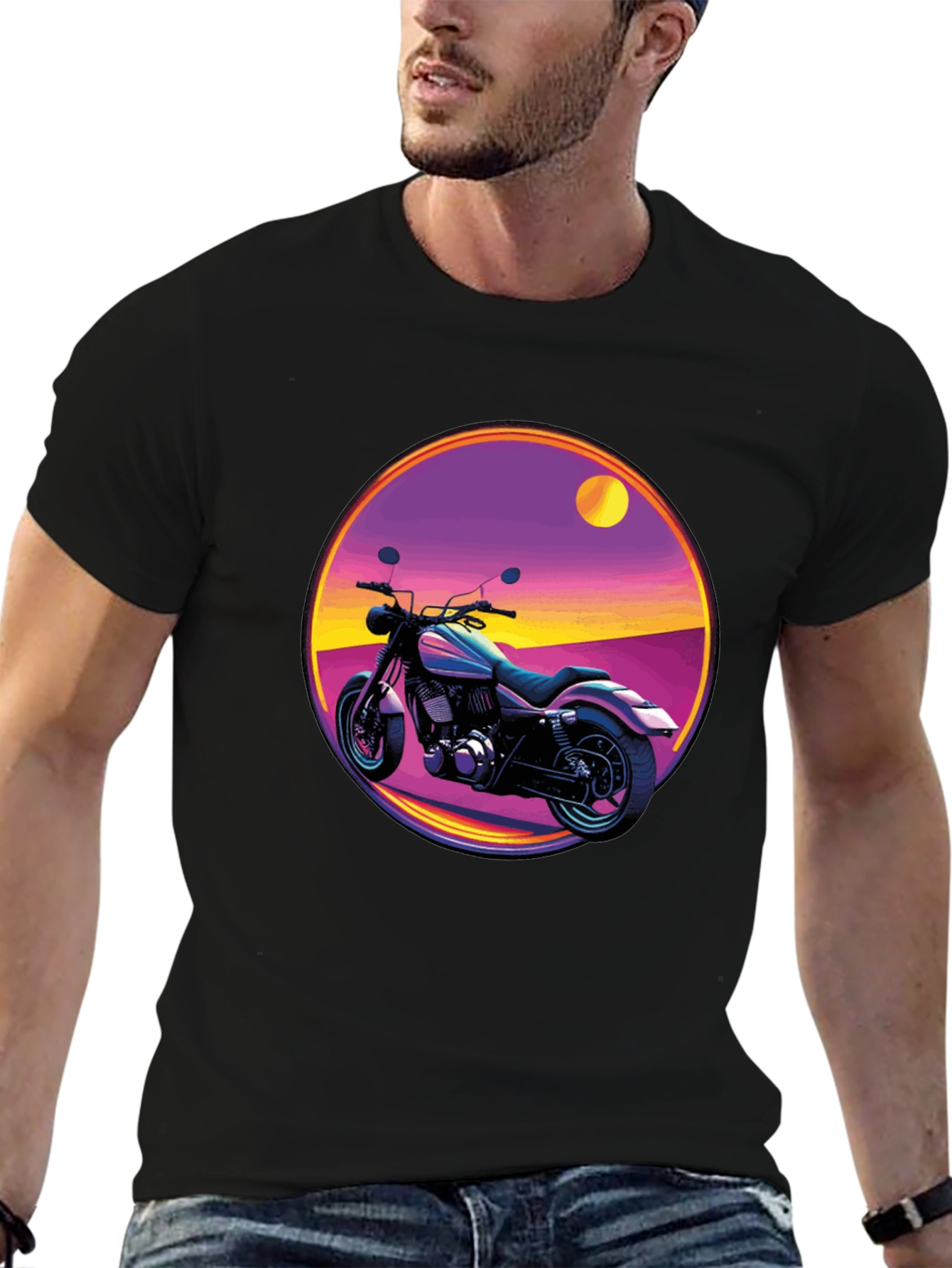 Retro Motorcycle Graphic Tee - Black Cotton T-Shirt