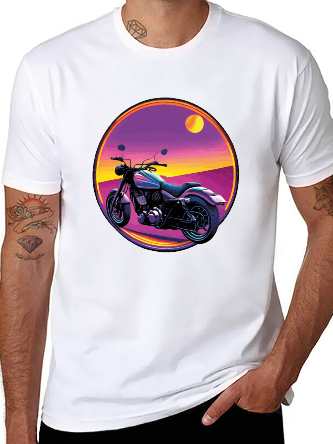 Retro Motorcycle Graphic Tee - Black Cotton T-Shirt