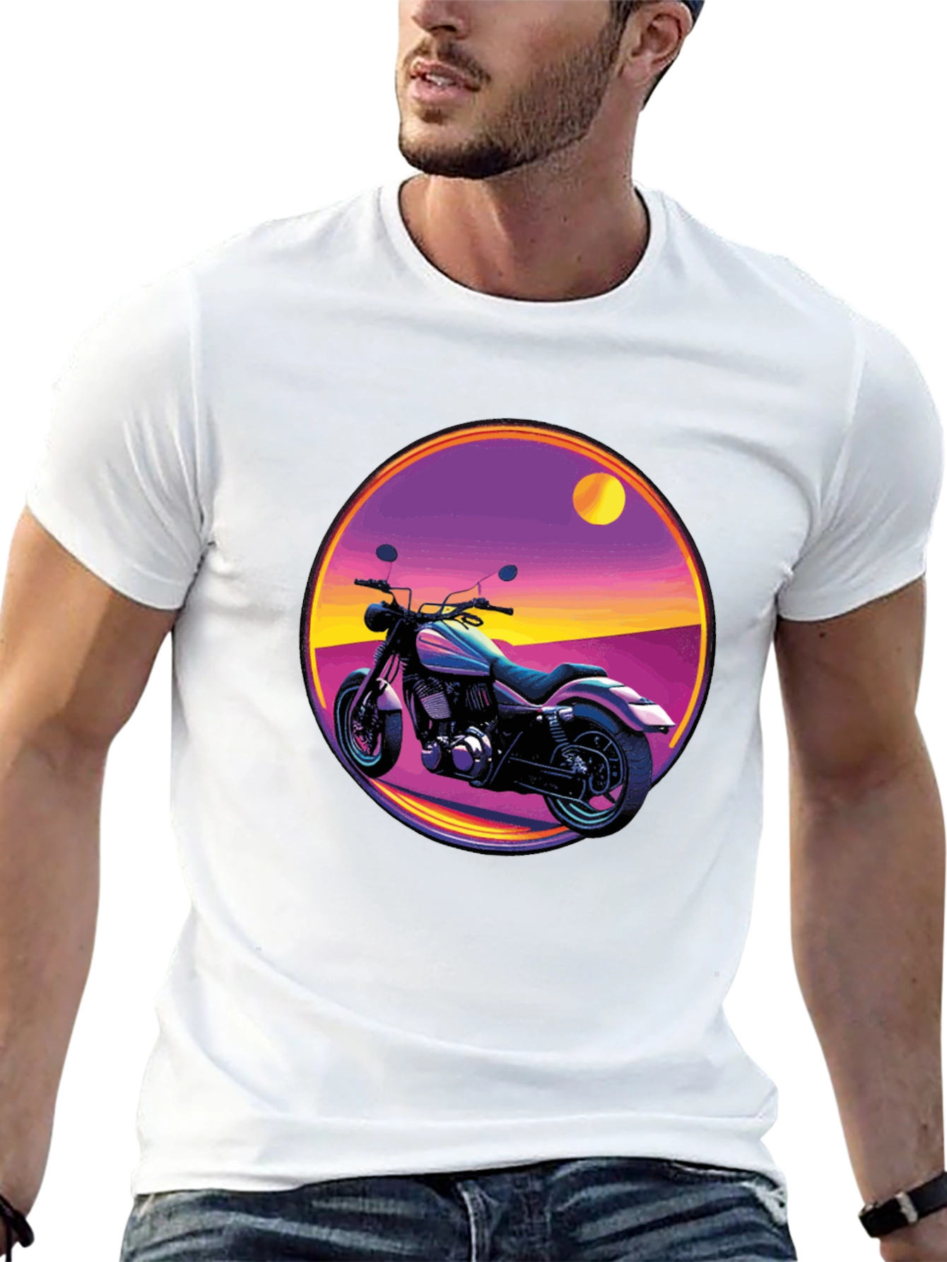 Retro Motorcycle Graphic Tee - Black Cotton T-Shirt
