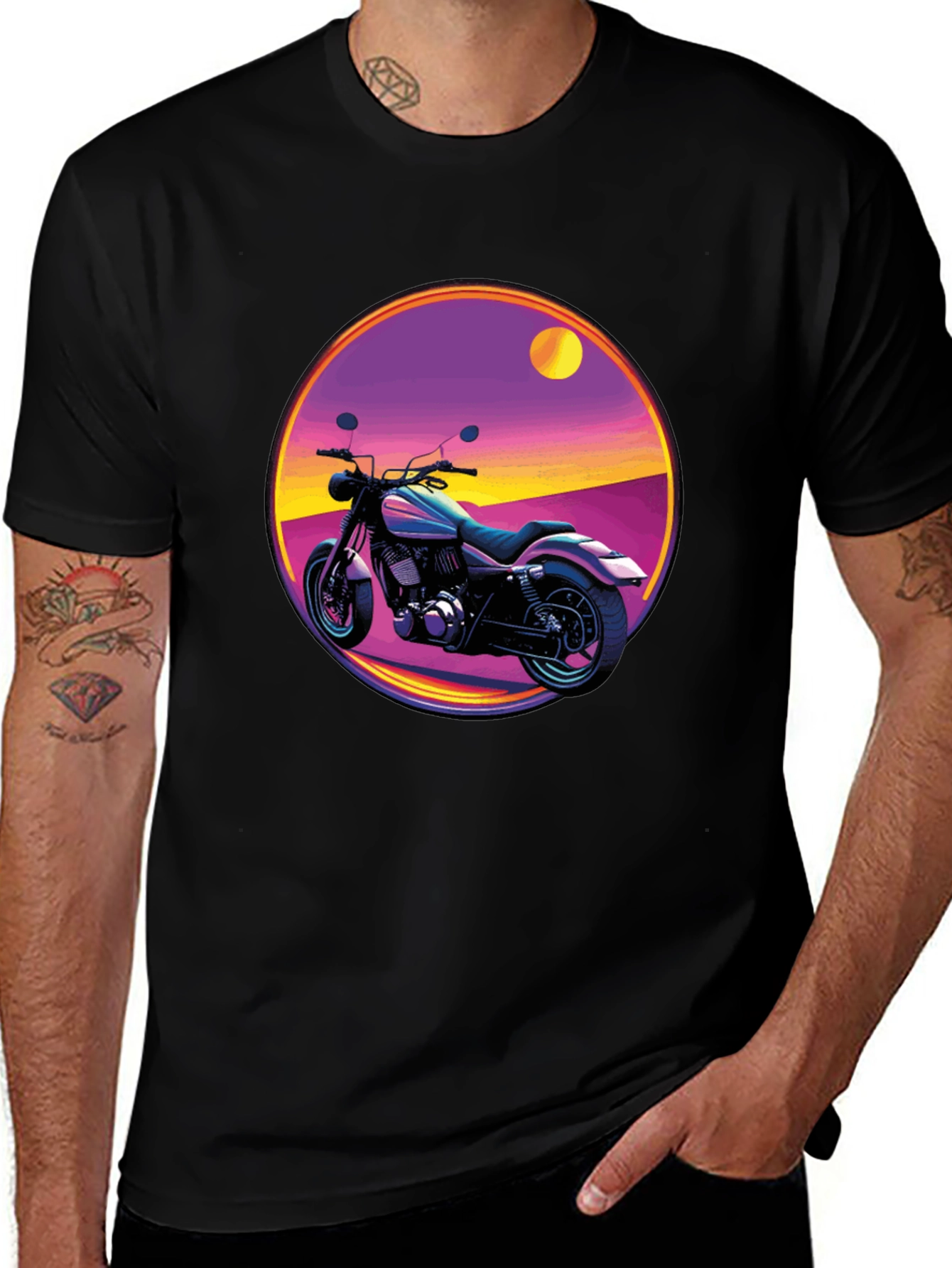 Retro Motorcycle Graphic Tee - Black Cotton T-Shirt