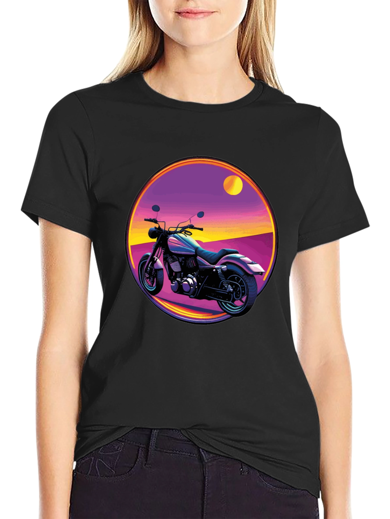 Retro Motorcycle Graphic Tee - Black Cotton T-Shirt
