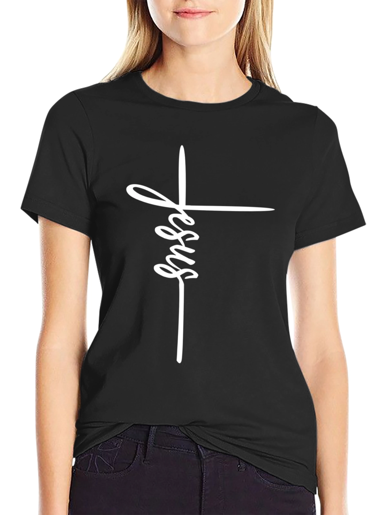 Jesus Cross Graphic T-Shirt - Black Cotton Blend