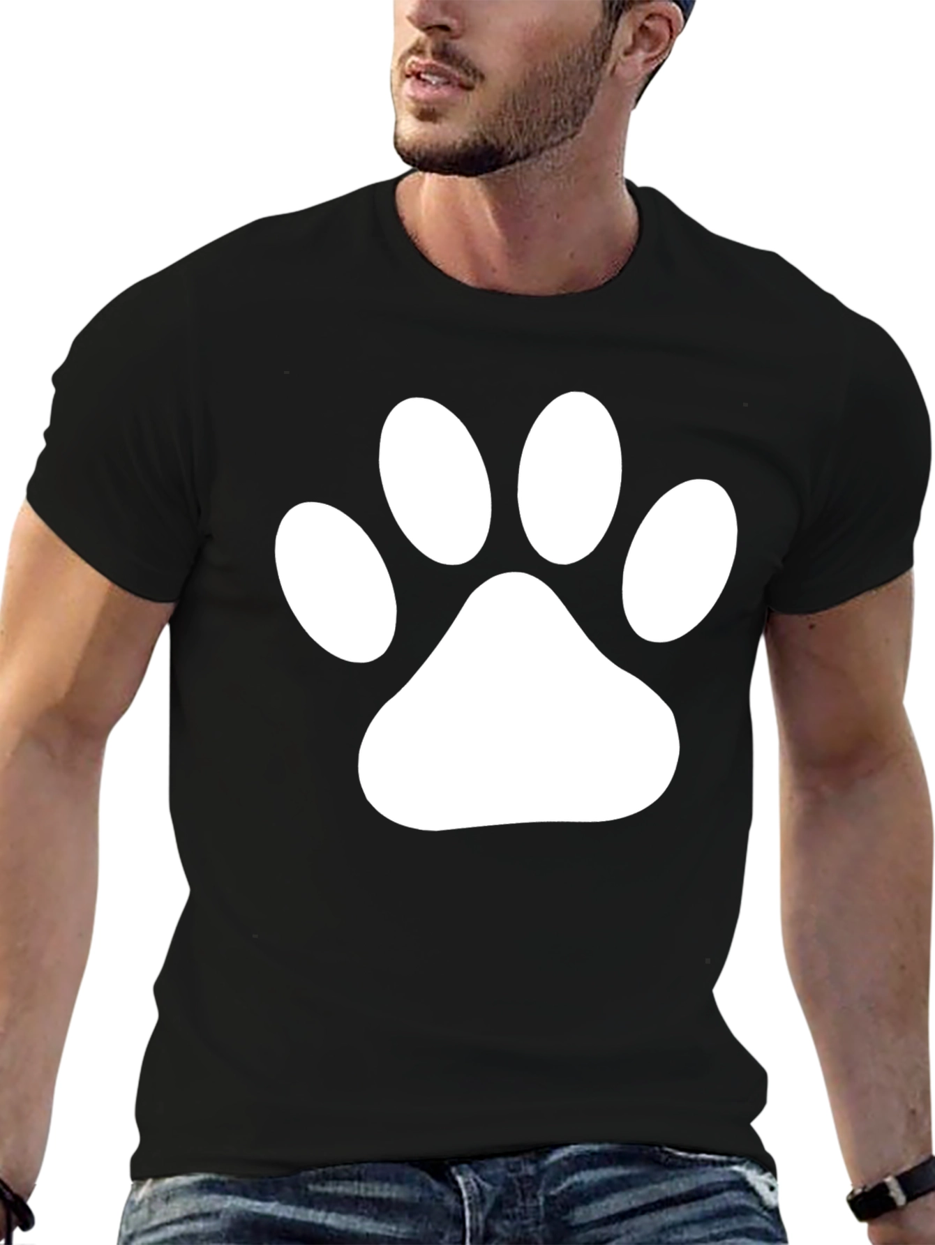 Black T-Shirt with White Paw Print Graphic